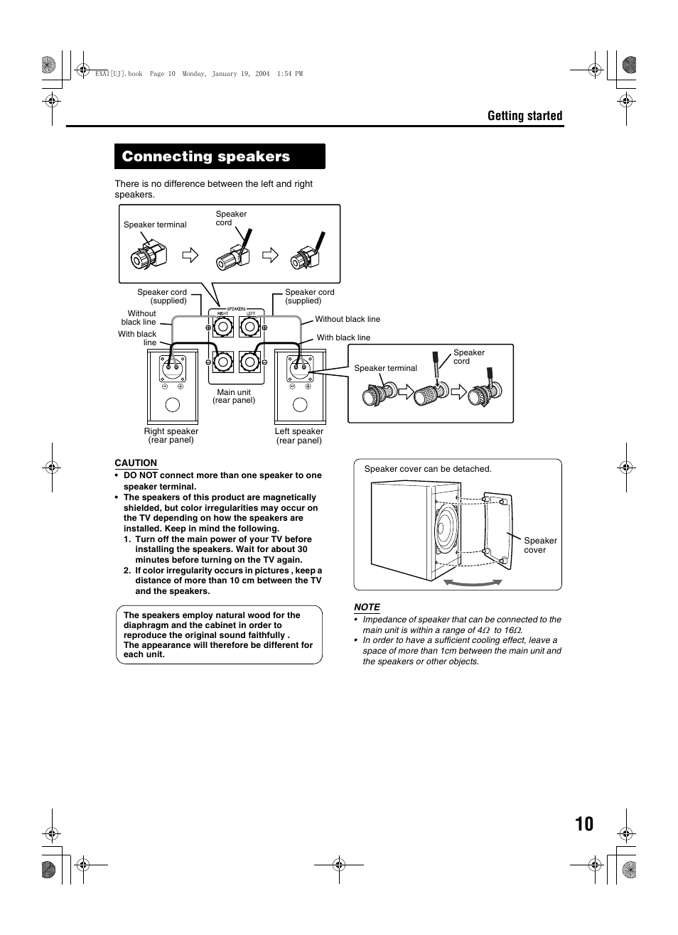 Connecting speakers, Connecting up connection, Getting started | JVC CA-EXA1 User Manual | Page 13 / 44
