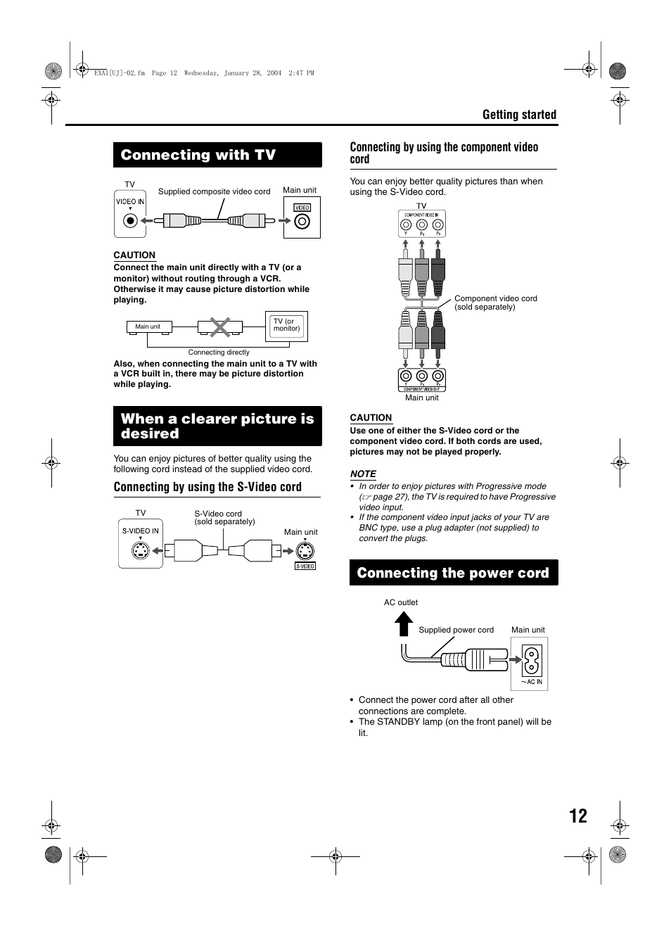 Connecting the power cord, Connecting up connection, Getting started | JVC CA-EXA1 User Manual | Page 15 / 44