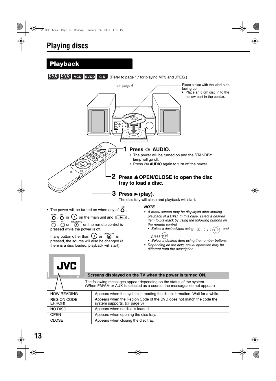 Playing discs, Playback | JVC CA-EXA1 User Manual | Page 16 / 44