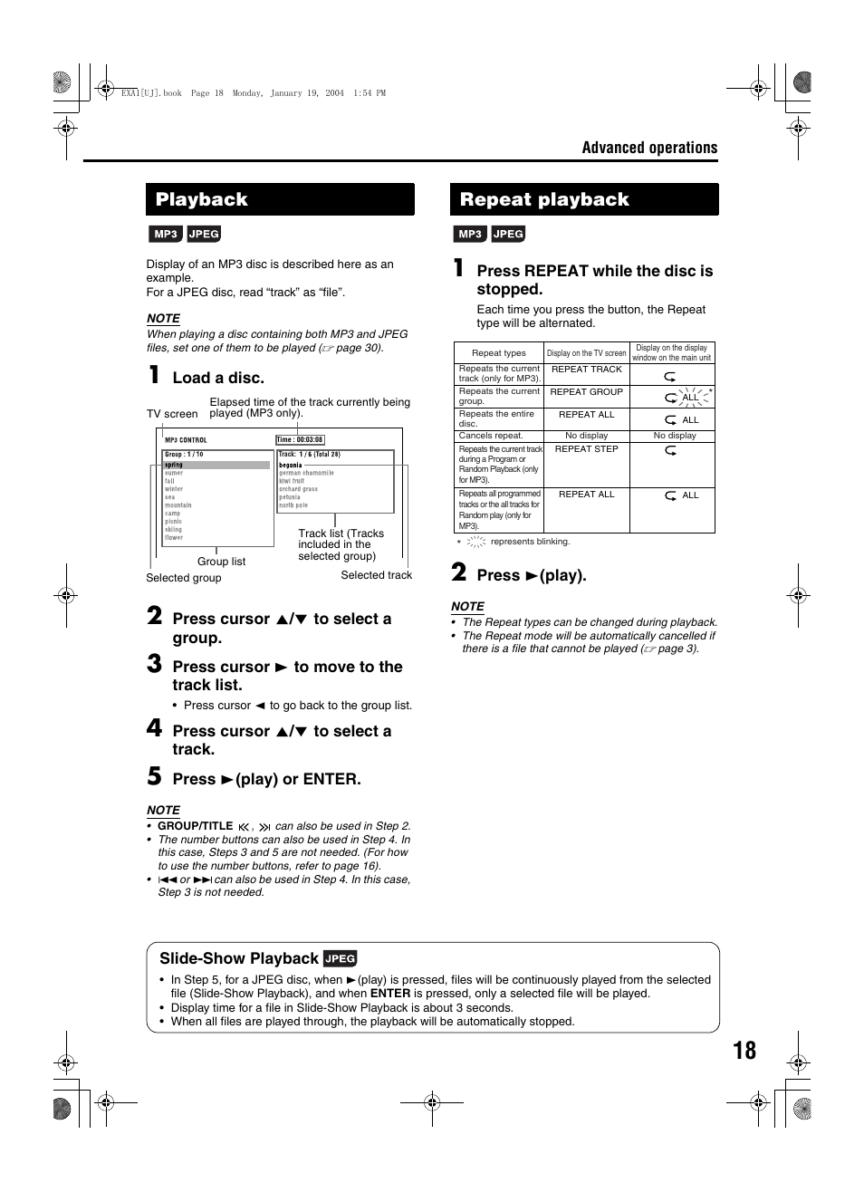 Playback, Repeat playback, Advanced operations | Load a disc, Press cursor 5 / / to select a group, Press cursor 3 to move to the track list, Press cursor 5 / / to select a track, Press 3 (play) or enter, Press repeat while the disc is stopped, Press 3 (play) | JVC CA-EXA1 User Manual | Page 21 / 44