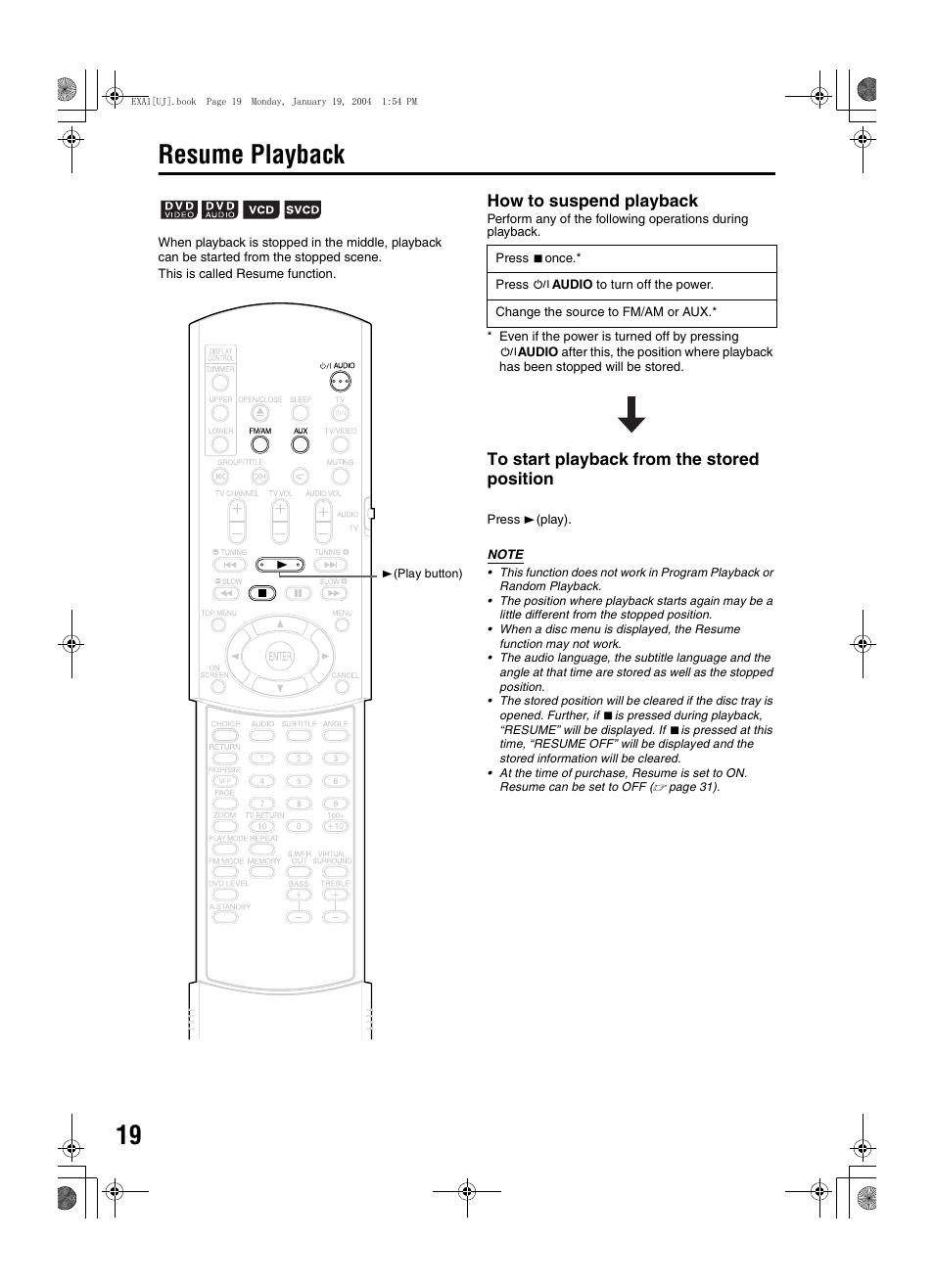 Resume playback, How to suspend playback | JVC CA-EXA1 User Manual | Page 22 / 44