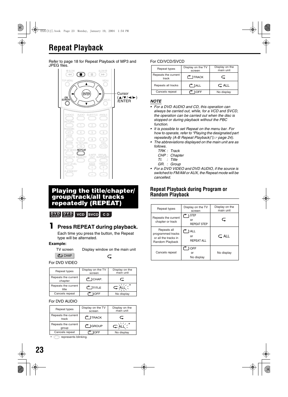 Repeat playback, Press repeat during playback, Repeat playback during program or random playback | JVC CA-EXA1 User Manual | Page 26 / 44