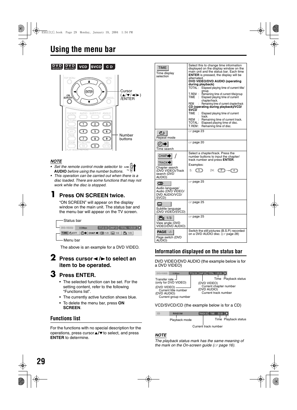 Using the menu bar, Press on screen twice, Press enter | Functions list, Information displayed on the status bar | JVC CA-EXA1 User Manual | Page 32 / 44