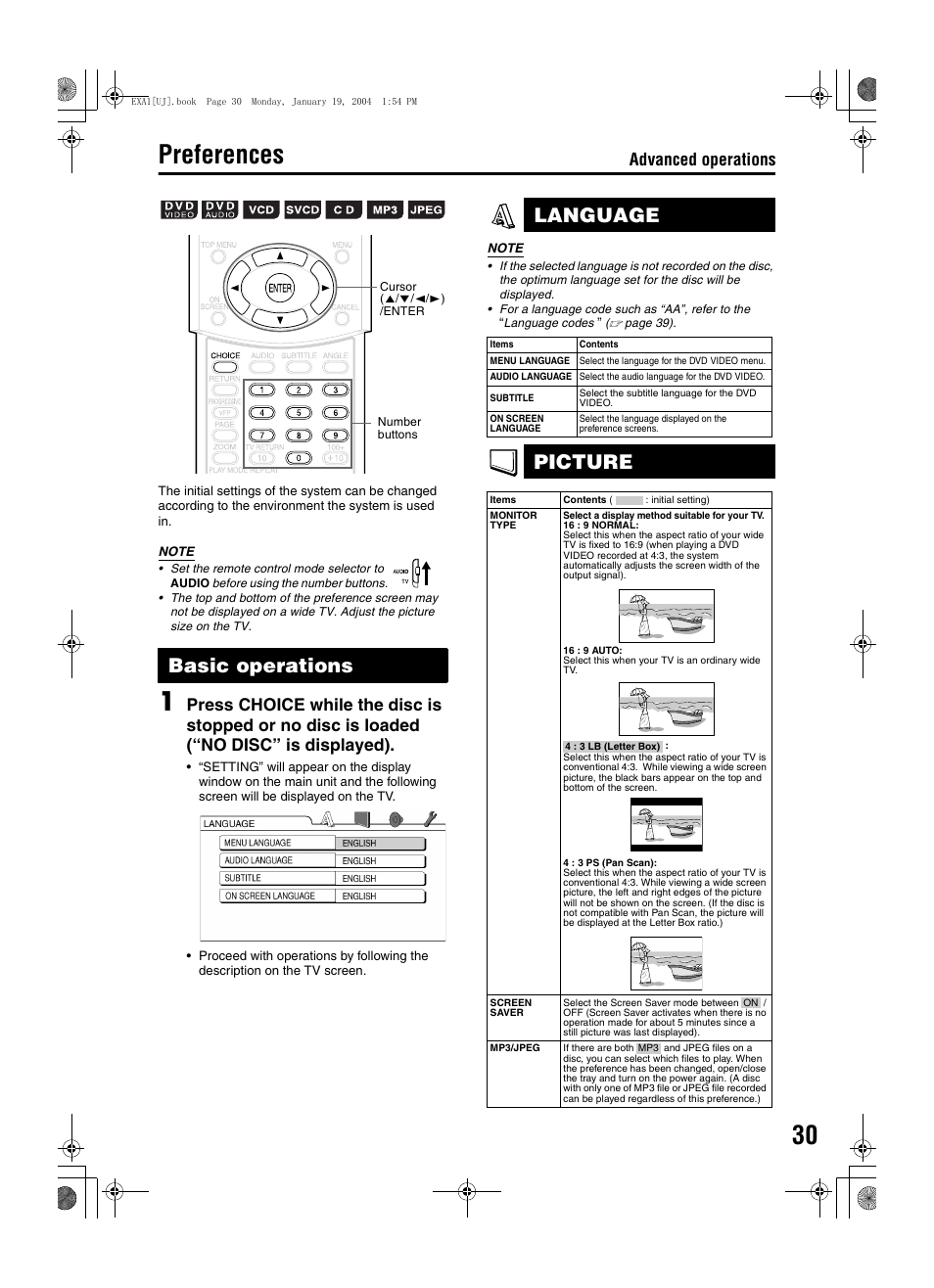 Preferences, Basic operations, Language | Picture, Advanced operations | JVC CA-EXA1 User Manual | Page 33 / 44