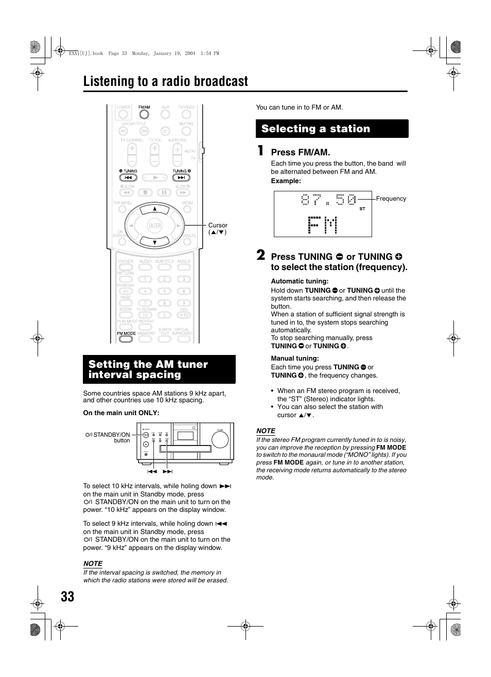Listening to a radio broadcast, Setting the am tuner interval spacing, Selecting a station | JVC CA-EXA1 User Manual | Page 36 / 44
