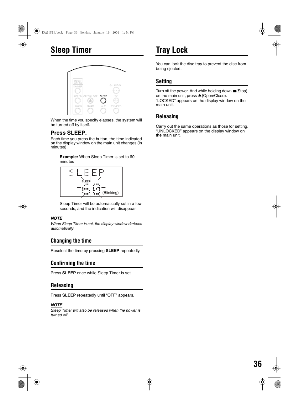 Sleep timer tray lock | JVC CA-EXA1 User Manual | Page 39 / 44