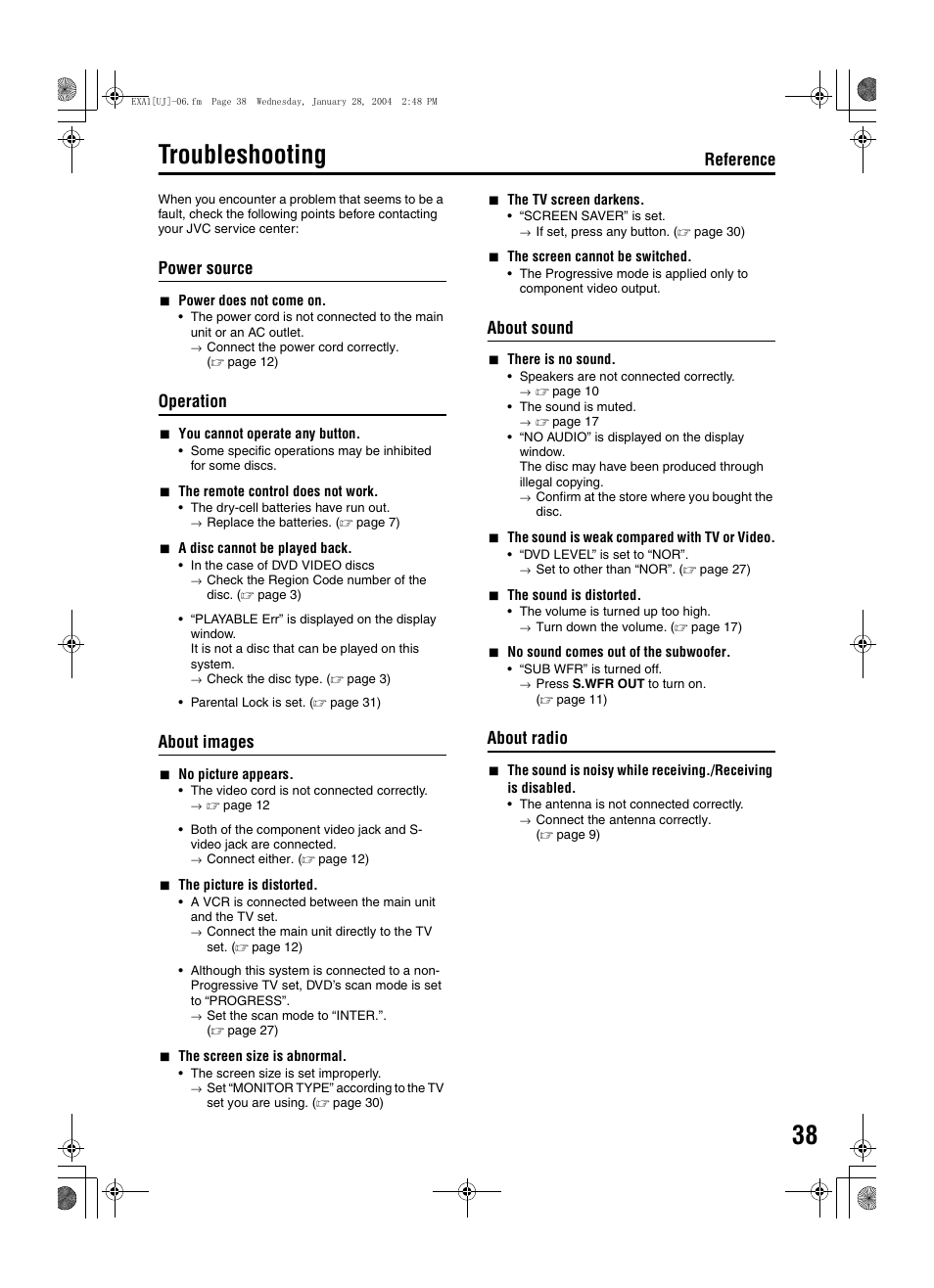 Troubleshooting, Reference, Power source | Operation, About images, About sound, About radio | JVC CA-EXA1 User Manual | Page 41 / 44