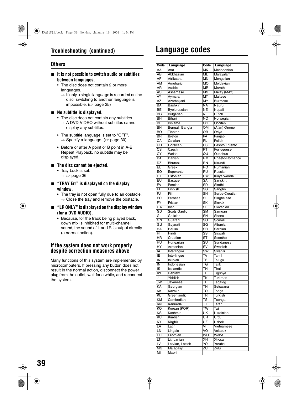 Language codes, Reference others, Troubleshooting (continued) | 7no subtitle is displayed, 7the disc cannot be ejected, 7“tray err” is displayed on the display window | JVC CA-EXA1 User Manual | Page 42 / 44