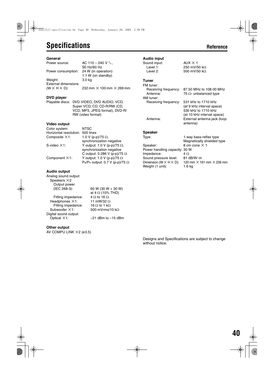 Specifications, Reference | JVC CA-EXA1 User Manual | Page 43 / 44