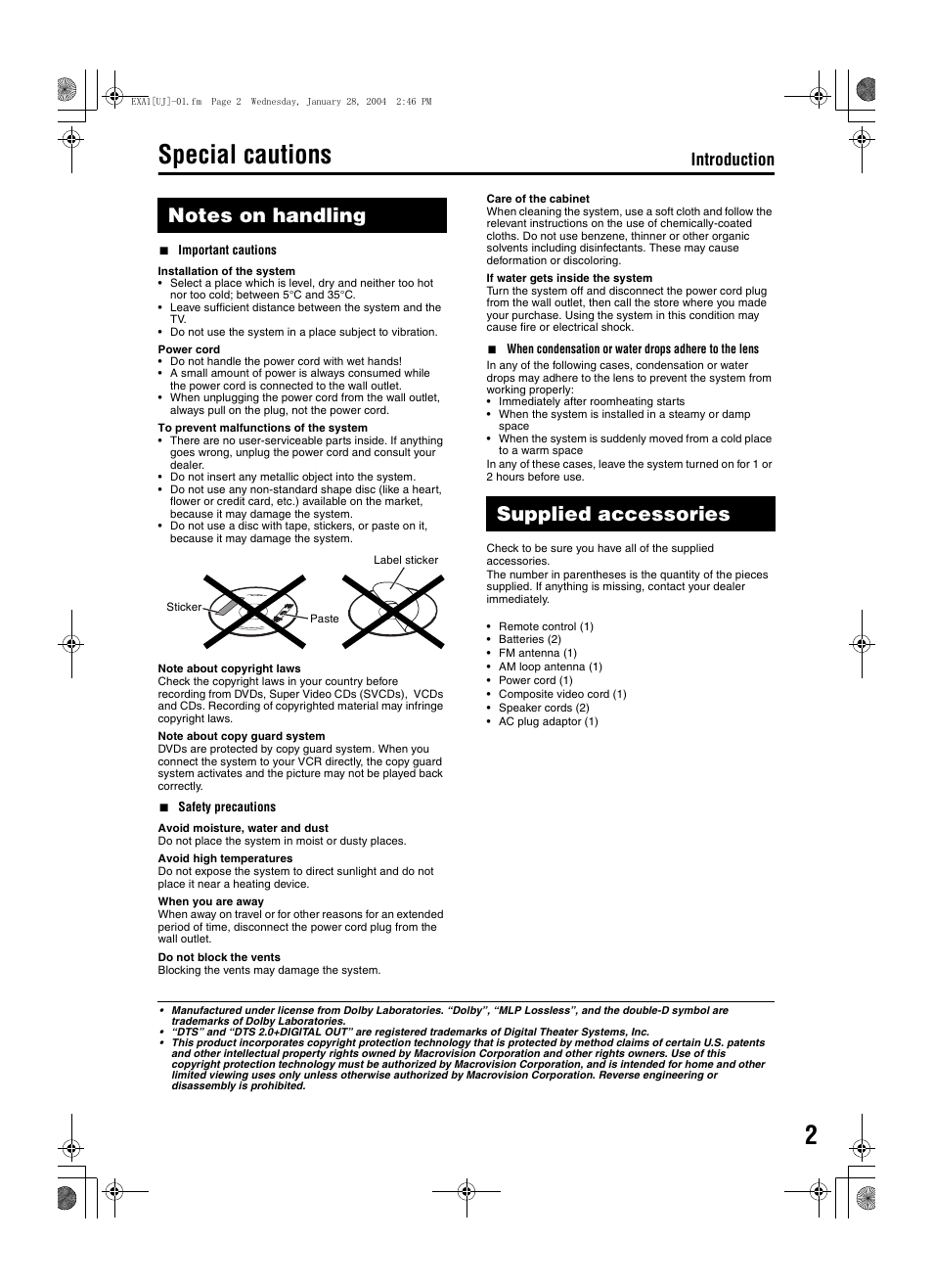 Special cautions, Supplied accessories, Introduction | JVC CA-EXA1 User Manual | Page 5 / 44