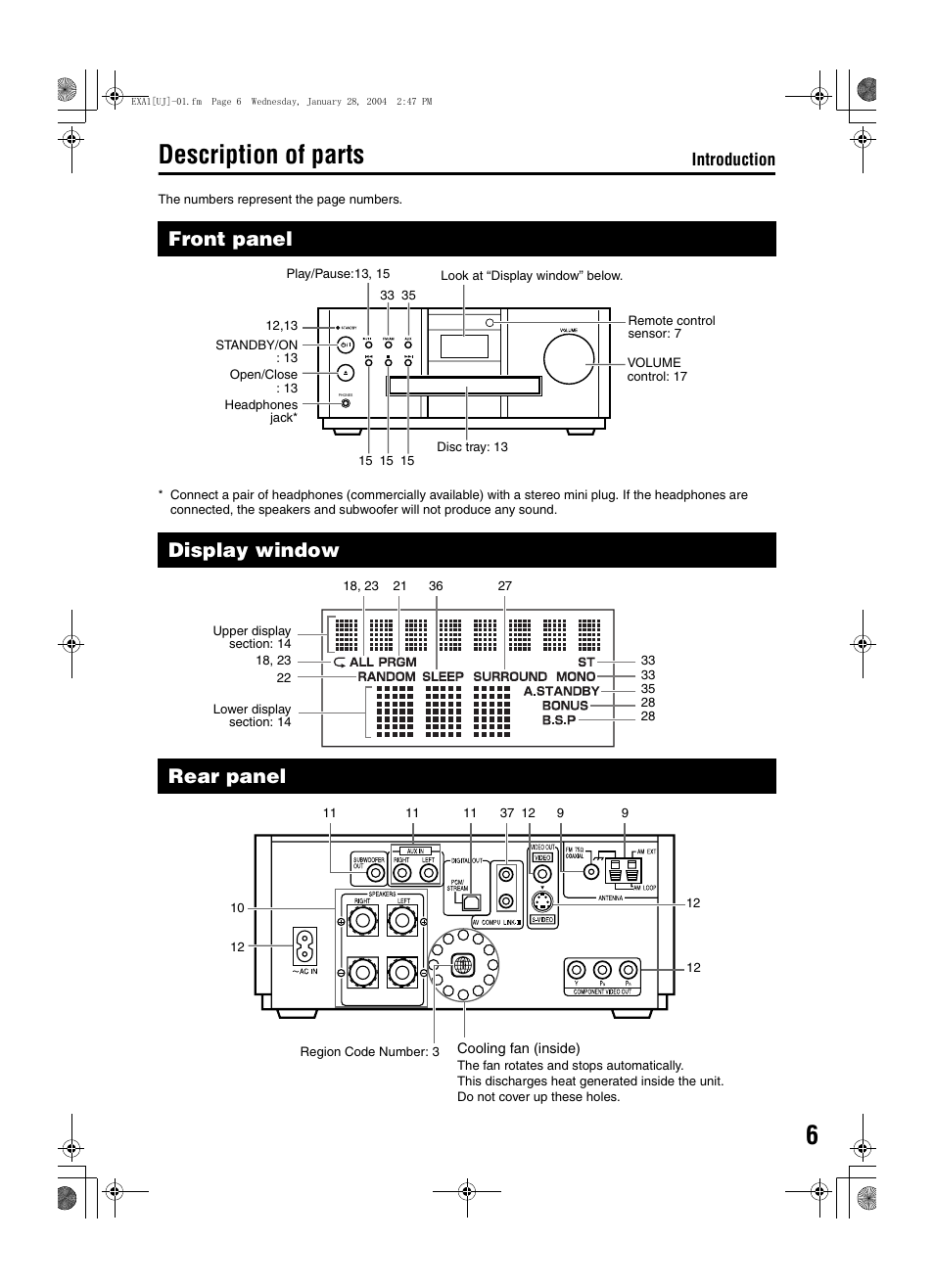 Description of parts, Front panel, Display window | Rear panel | JVC CA-EXA1 User Manual | Page 9 / 44