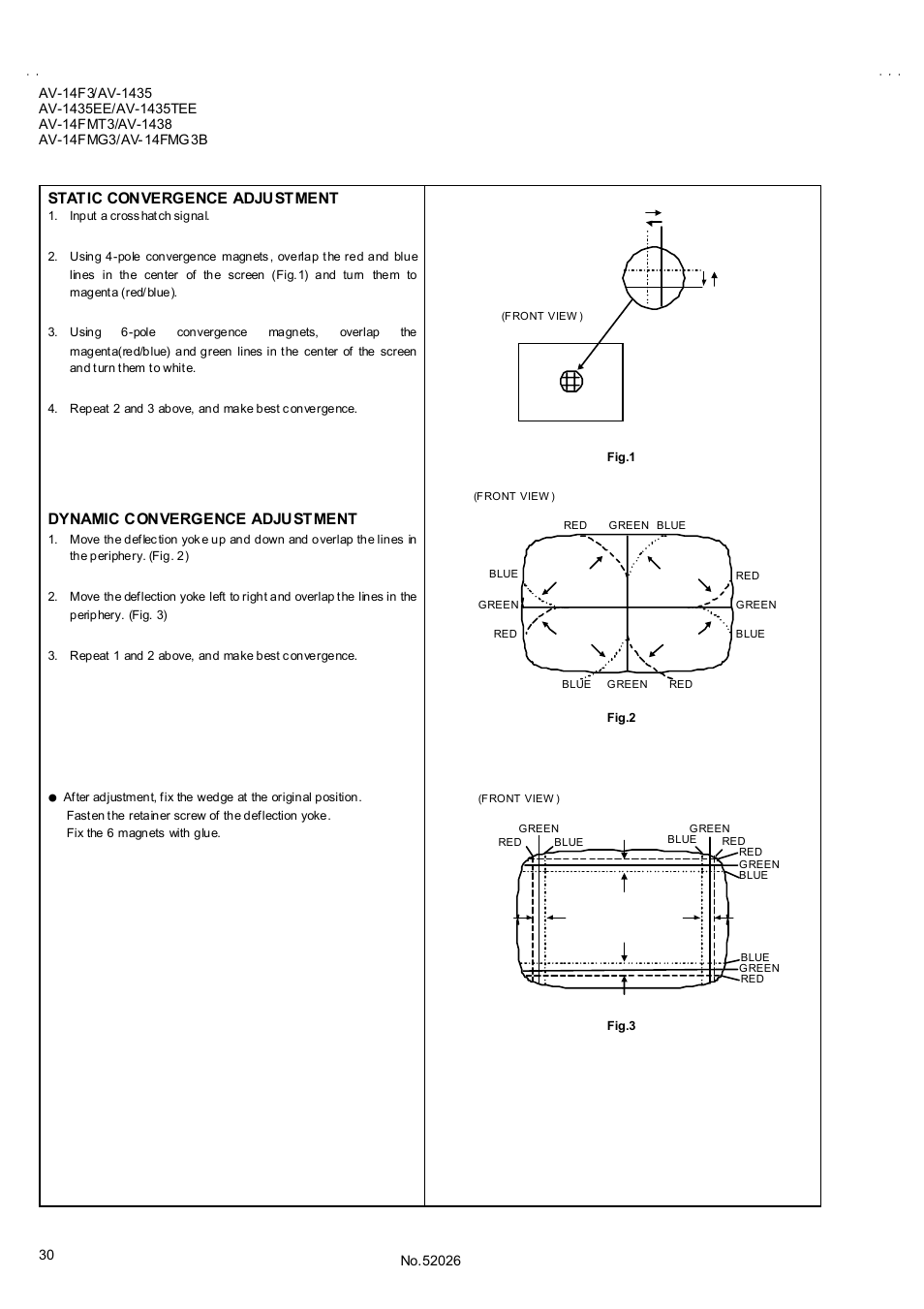 Static convergence adjustment, Dynamic convergence adjustment | JVC AV-14F3 User Manual | Page 30 / 32