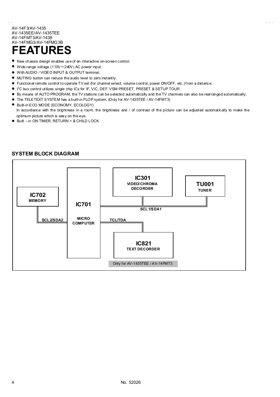 Features, Ic301, Ic702 | Tu001, Ic701, Ic821 | JVC AV-14F3 User Manual | Page 4 / 32