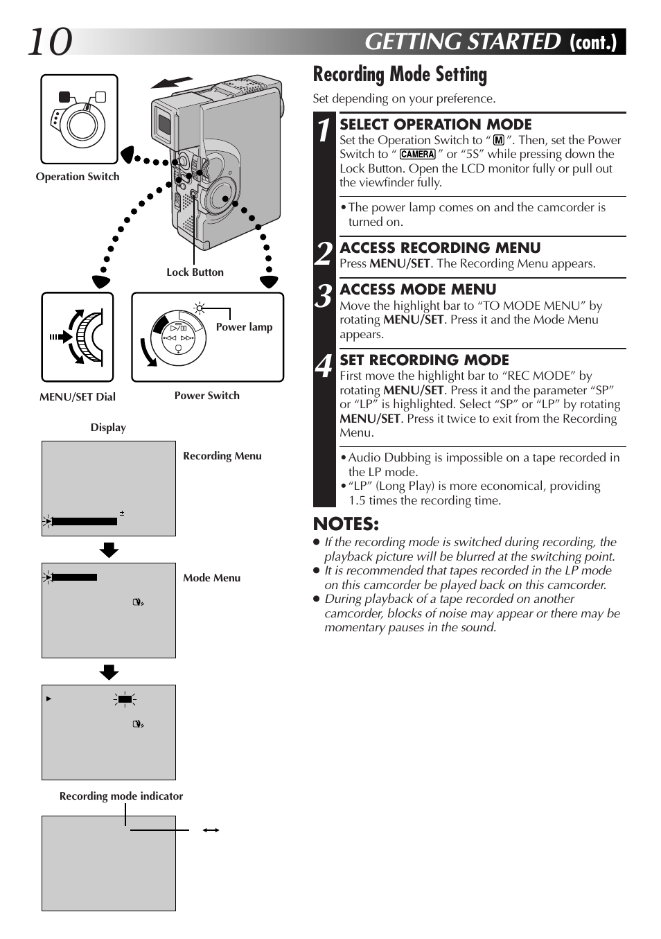 Getting started, Recording mode setting, Cont.) | Select operation mode, Access recording menu, Access mode menu, Set recording mode | JVC GR-DVX4 User Manual | Page 10 / 80