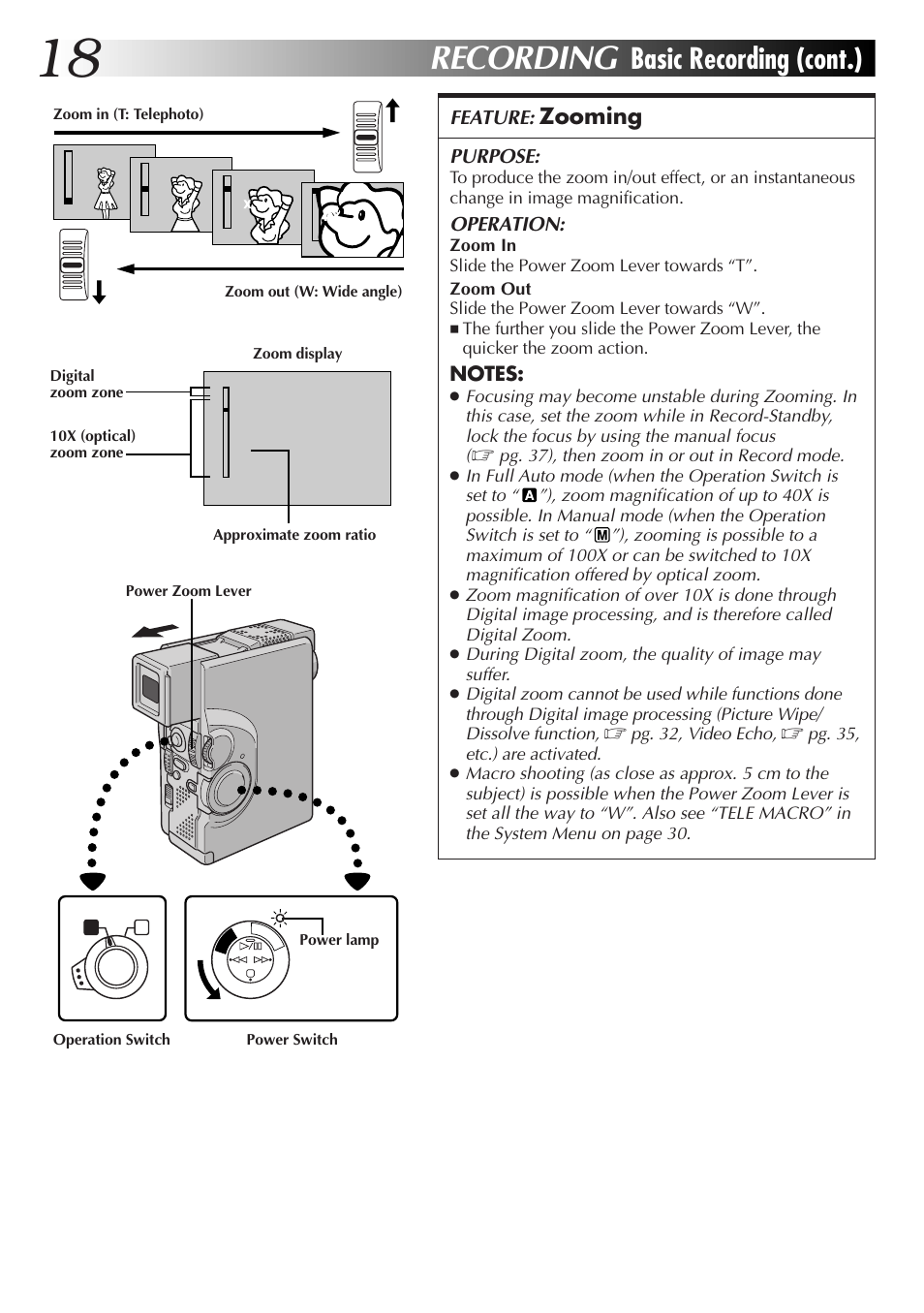 Recording, Basic recording (cont.), Zooming | Feature, Purpose, Operation | JVC GR-DVX4 User Manual | Page 18 / 80