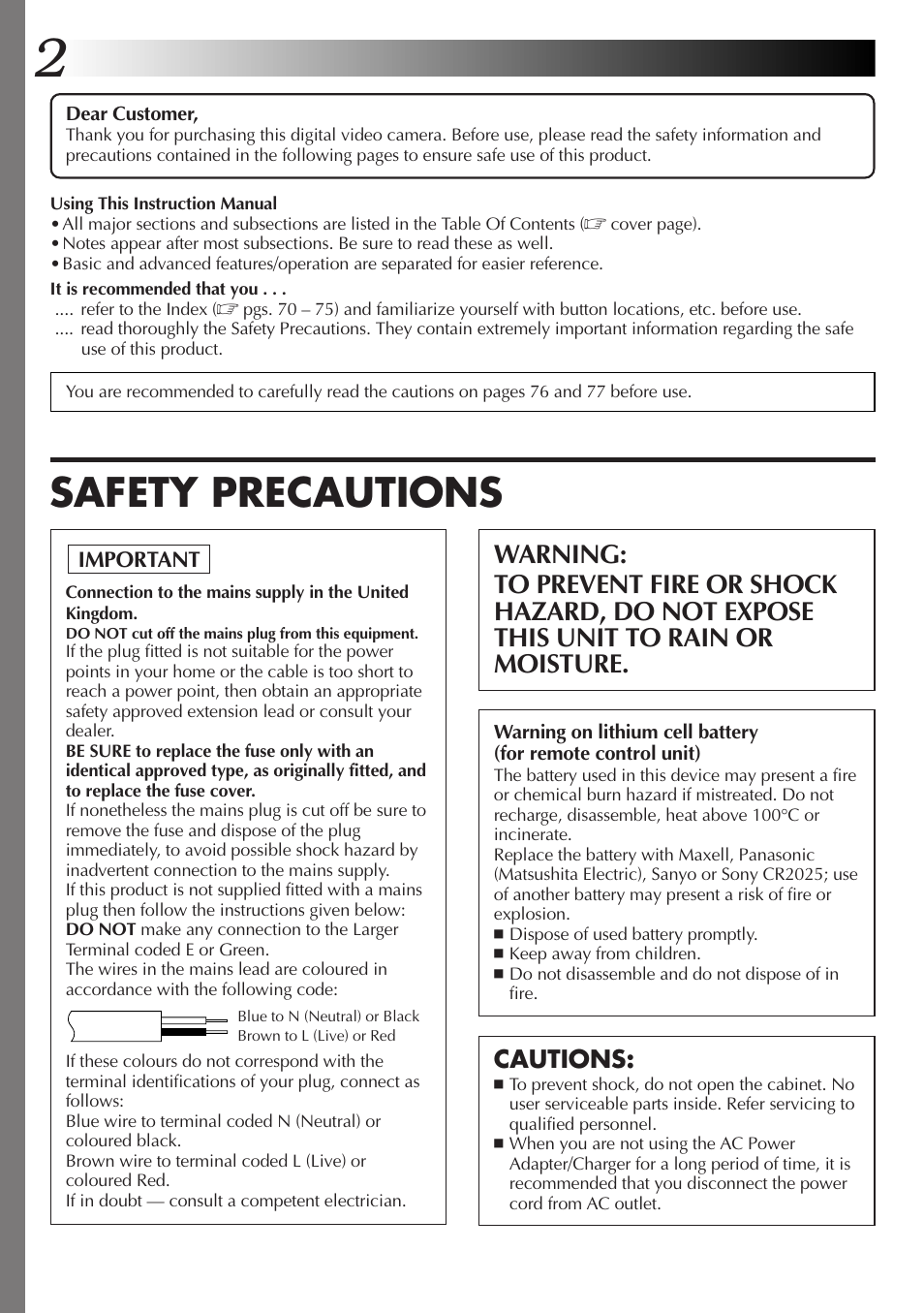 Safety precautions, Cautions | JVC GR-DVX4 User Manual | Page 2 / 80