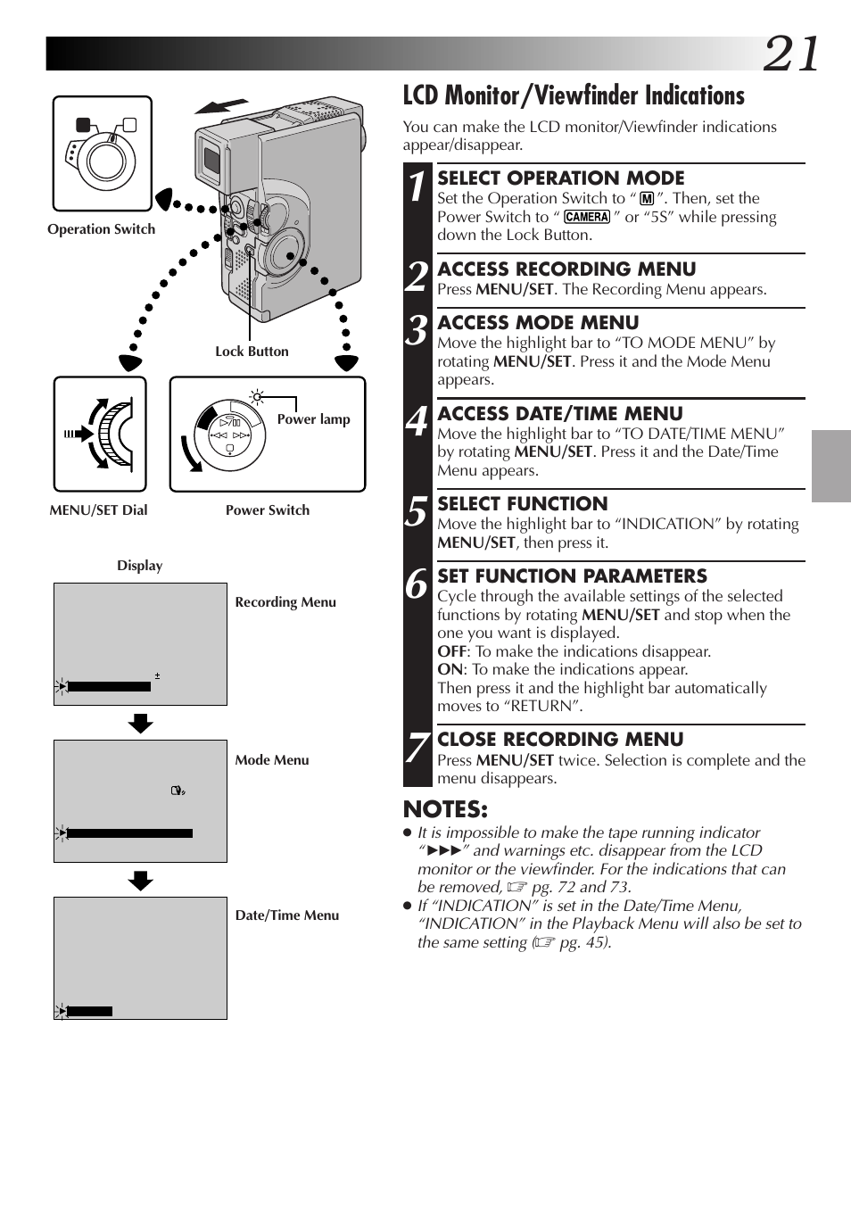 Lcd monitor/viewfinder indications | JVC GR-DVX4 User Manual | Page 21 / 80