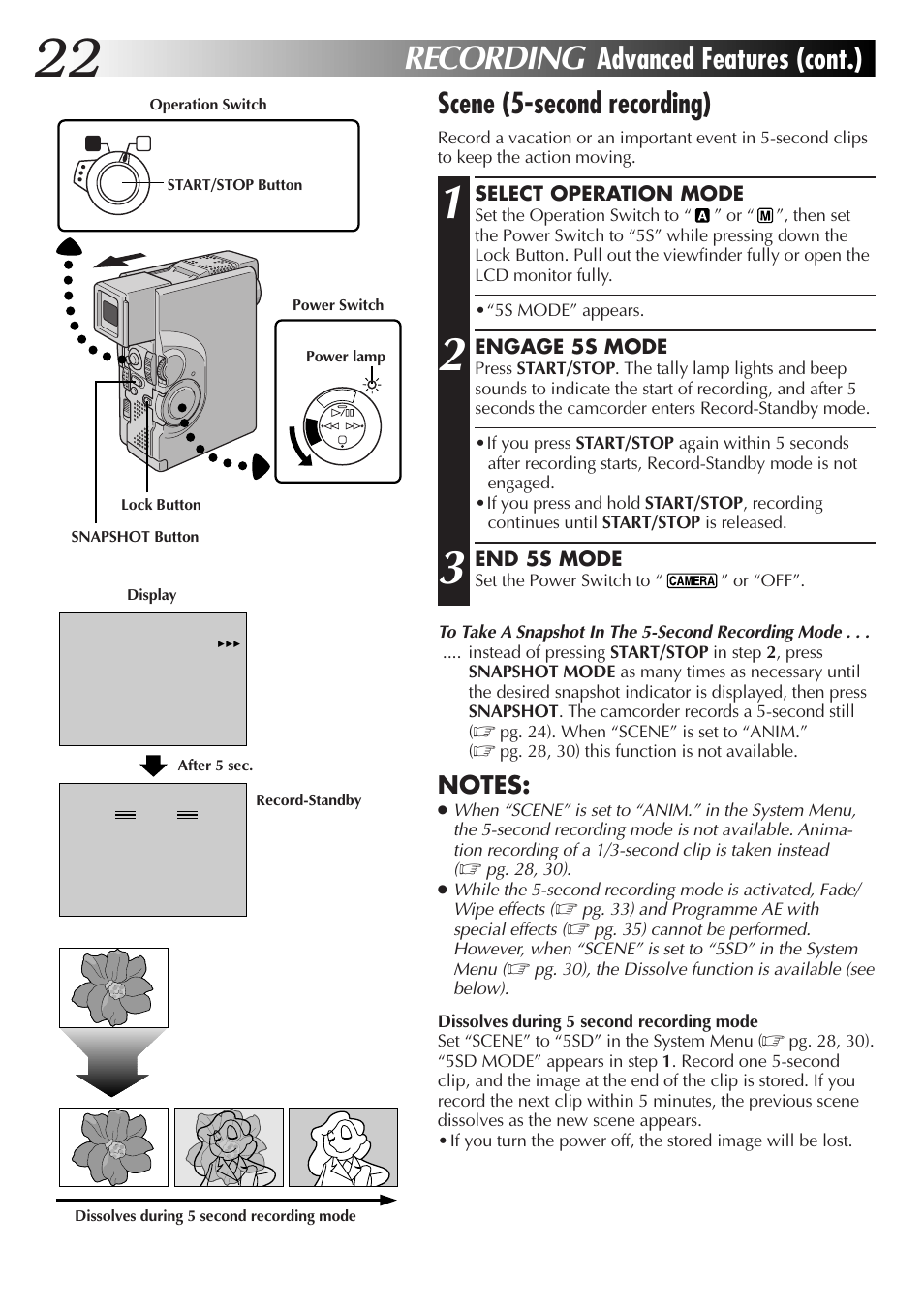 Recording, Advanced features (cont.), Scene (5-second recording) | JVC GR-DVX4 User Manual | Page 22 / 80