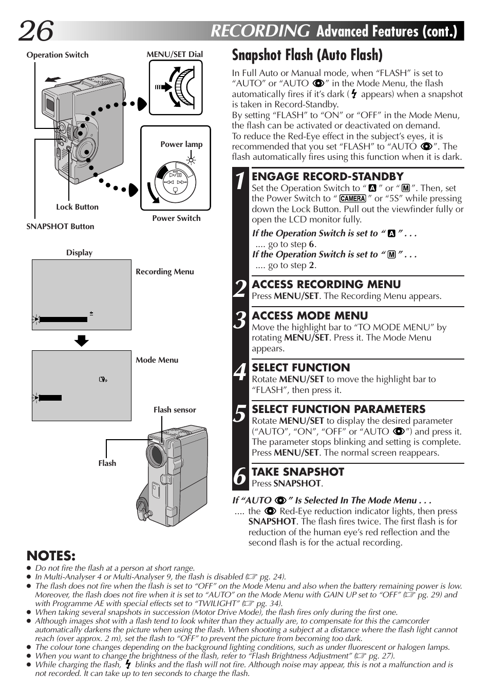 Recording, Snapshot flash (auto flash), Advanced features (cont.) | JVC GR-DVX4 User Manual | Page 26 / 80