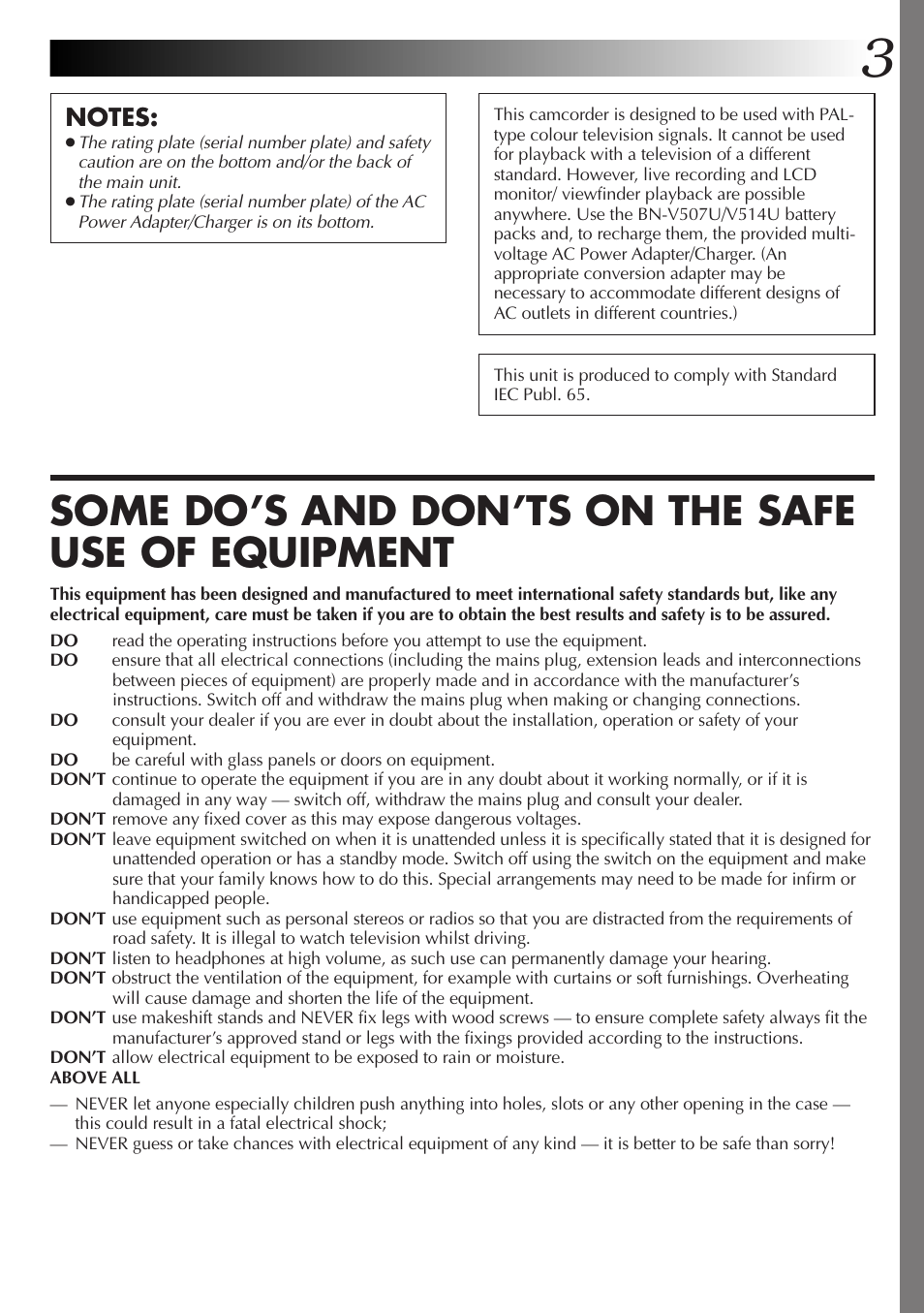 Some do’s and don’ts on the safe use of equipment | JVC GR-DVX4 User Manual | Page 3 / 80