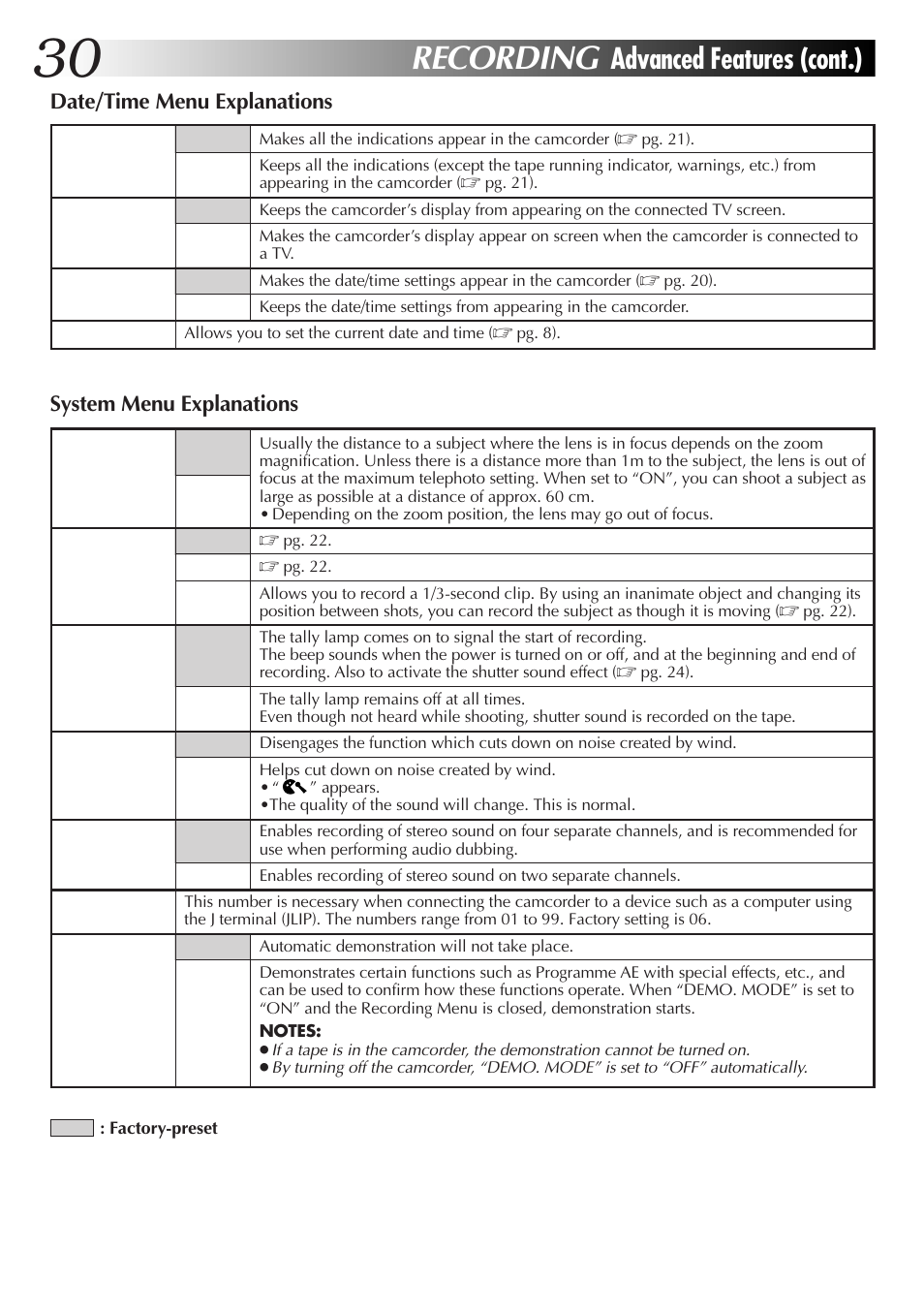Recording, Advanced features (cont.), Date/time menu explanations | System menu explanations | JVC GR-DVX4 User Manual | Page 30 / 80
