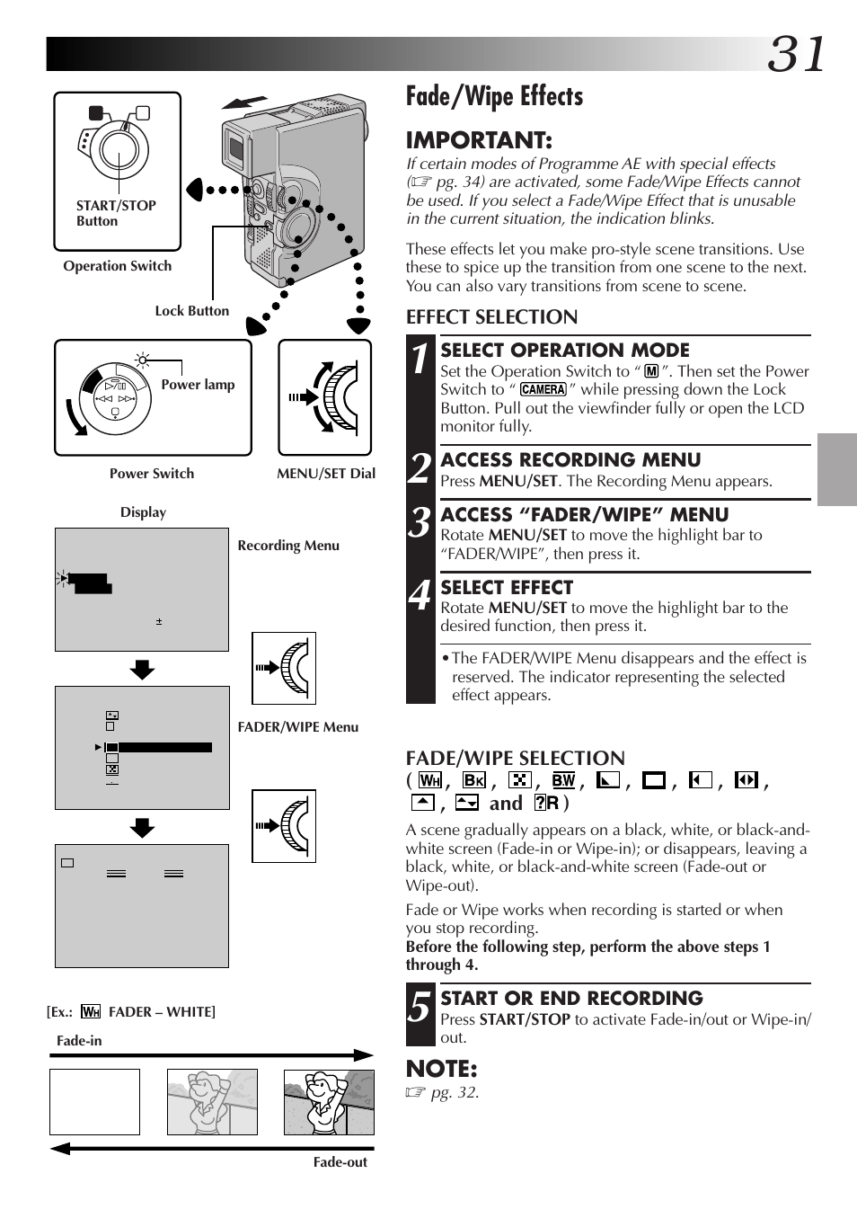 Fade/wipe effects, Important, Effect selection | Fade/wipe selection ( , , , , , , , , , and ) | JVC GR-DVX4 User Manual | Page 31 / 80