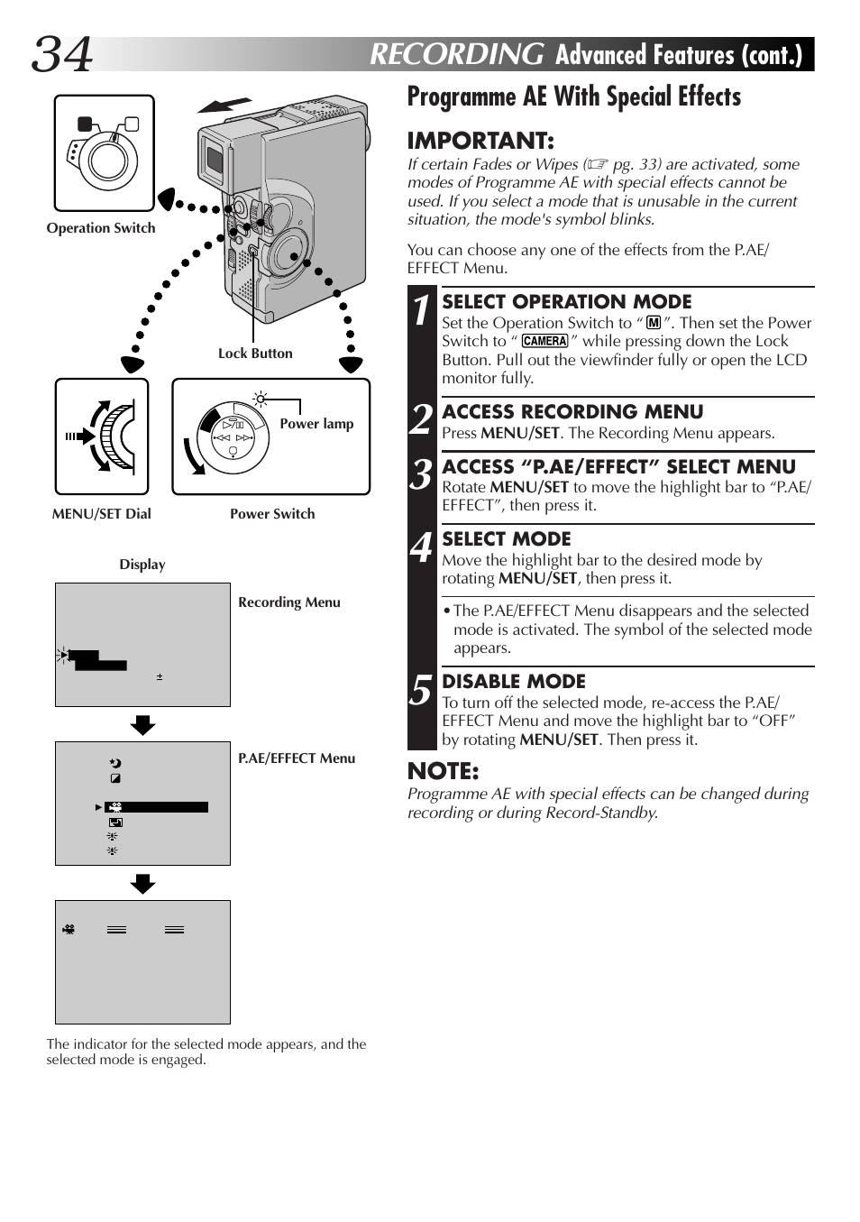 Recording, Programme ae with special effects, Advanced features (cont.) | Important | JVC GR-DVX4 User Manual | Page 34 / 80