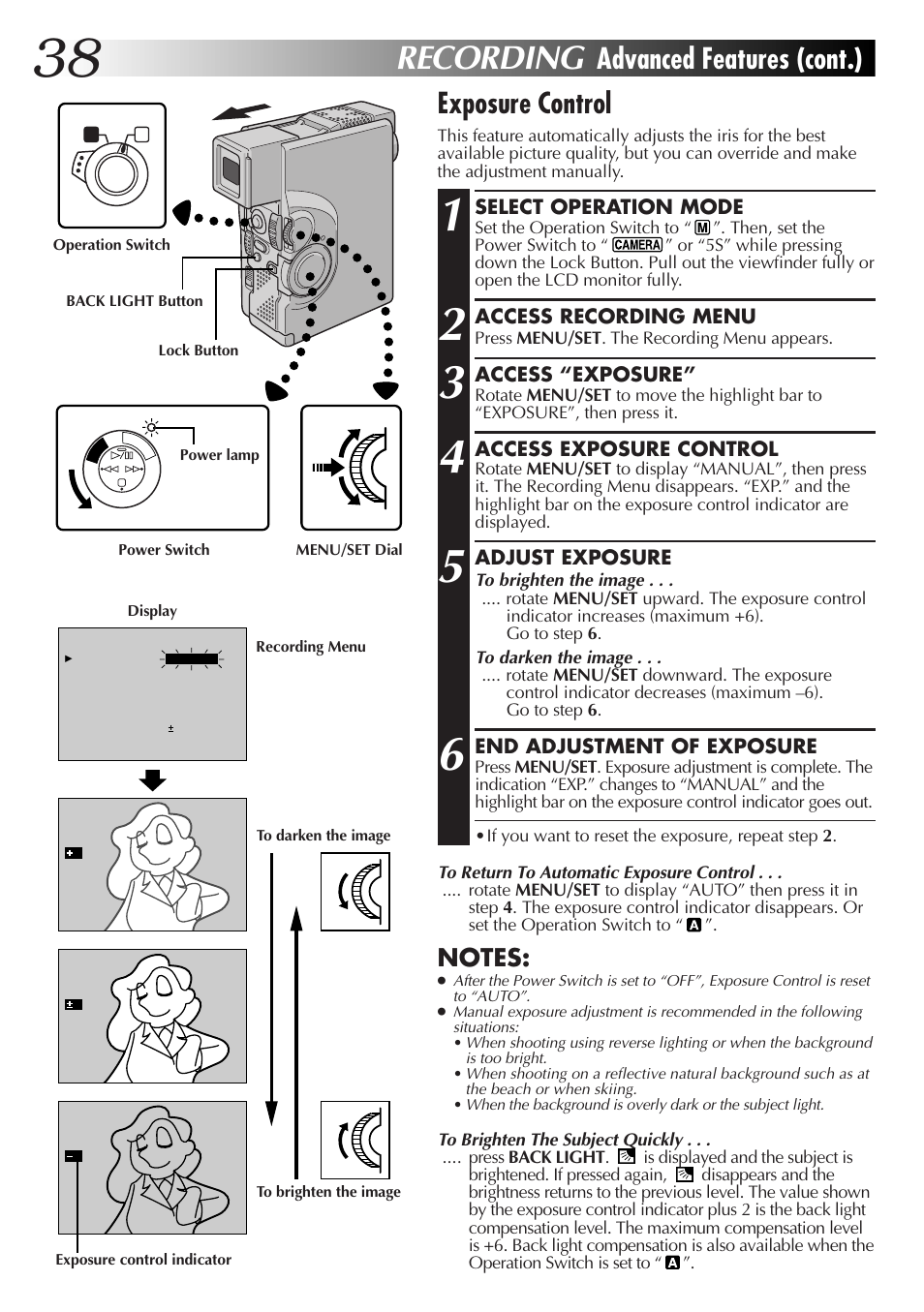 Recording, Advanced features (cont.) exposure control | JVC GR-DVX4 User Manual | Page 38 / 80