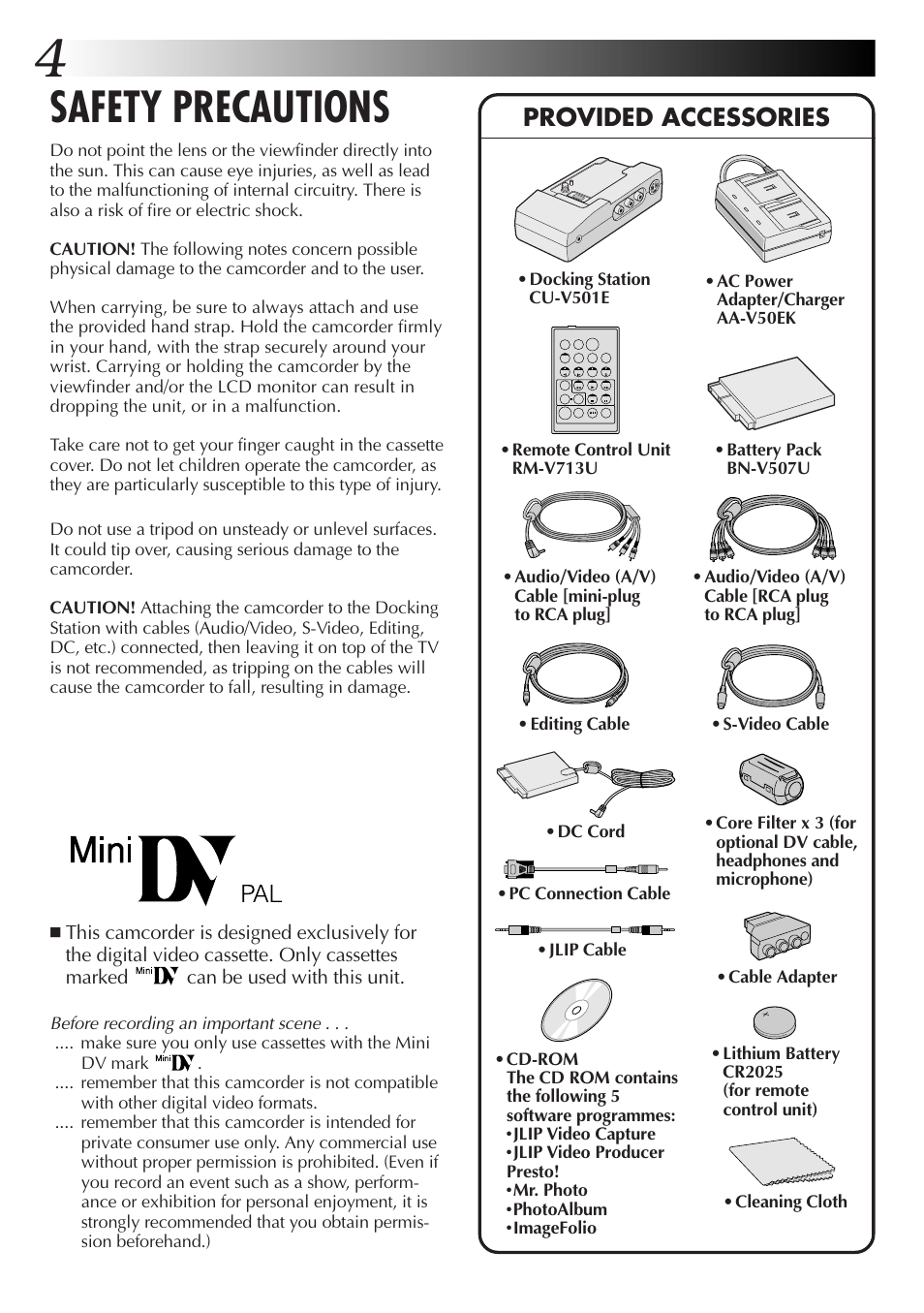 Safety precautions, Provided accessories | JVC GR-DVX4 User Manual | Page 4 / 80