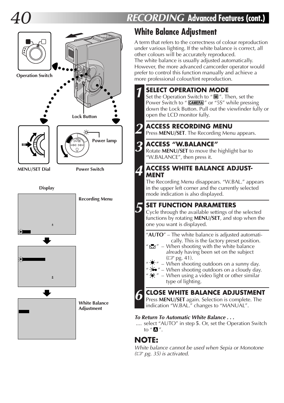 Recording, White balance adjustment, Advanced features (cont.) | JVC GR-DVX4 User Manual | Page 40 / 80