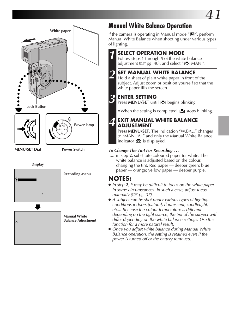 Manual white balance operation | JVC GR-DVX4 User Manual | Page 41 / 80