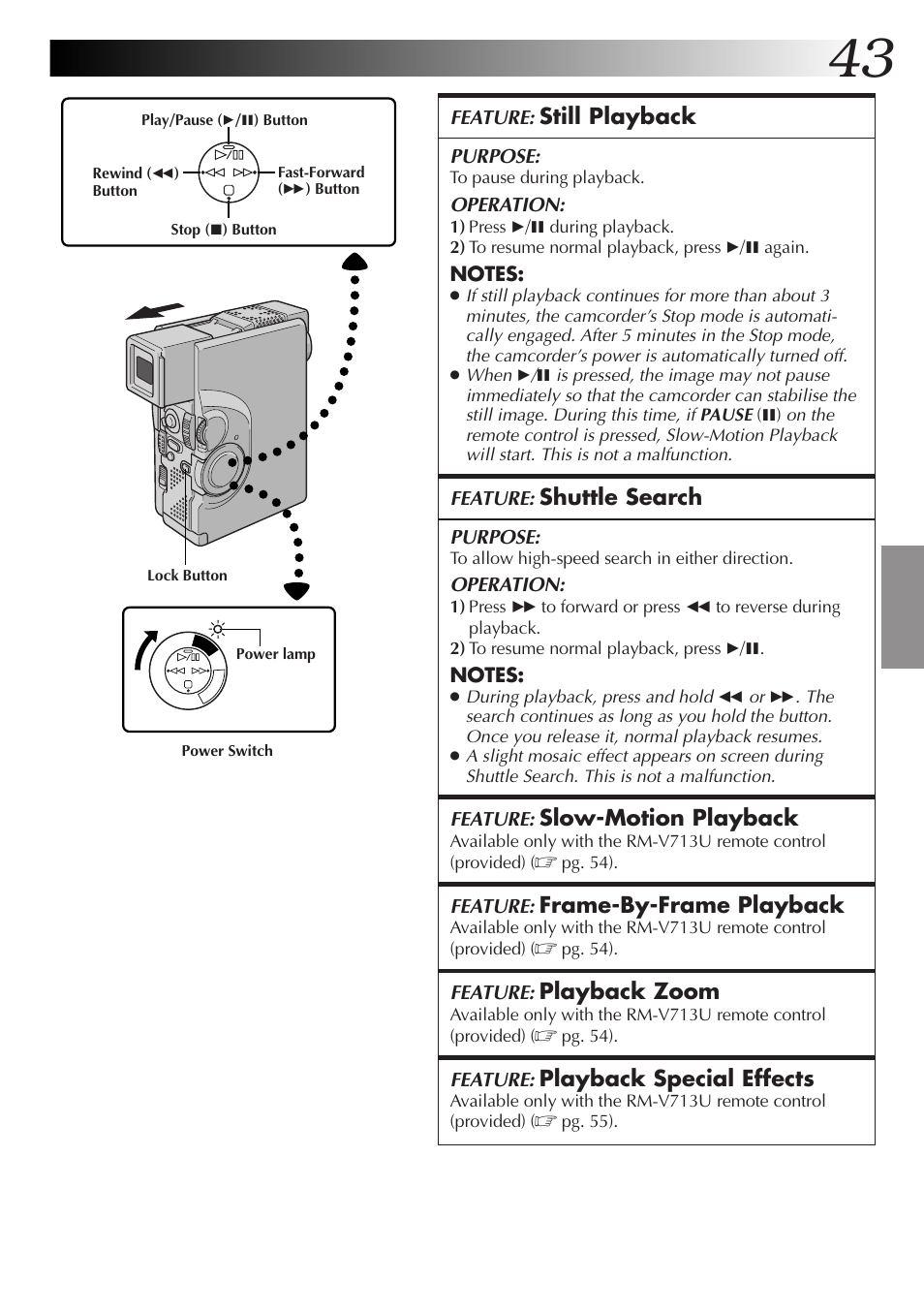 Still playback, Shuttle search, Slow-motion playback | Frame-by-frame playback, Playback zoom, Playback special effects | JVC GR-DVX4 User Manual | Page 43 / 80