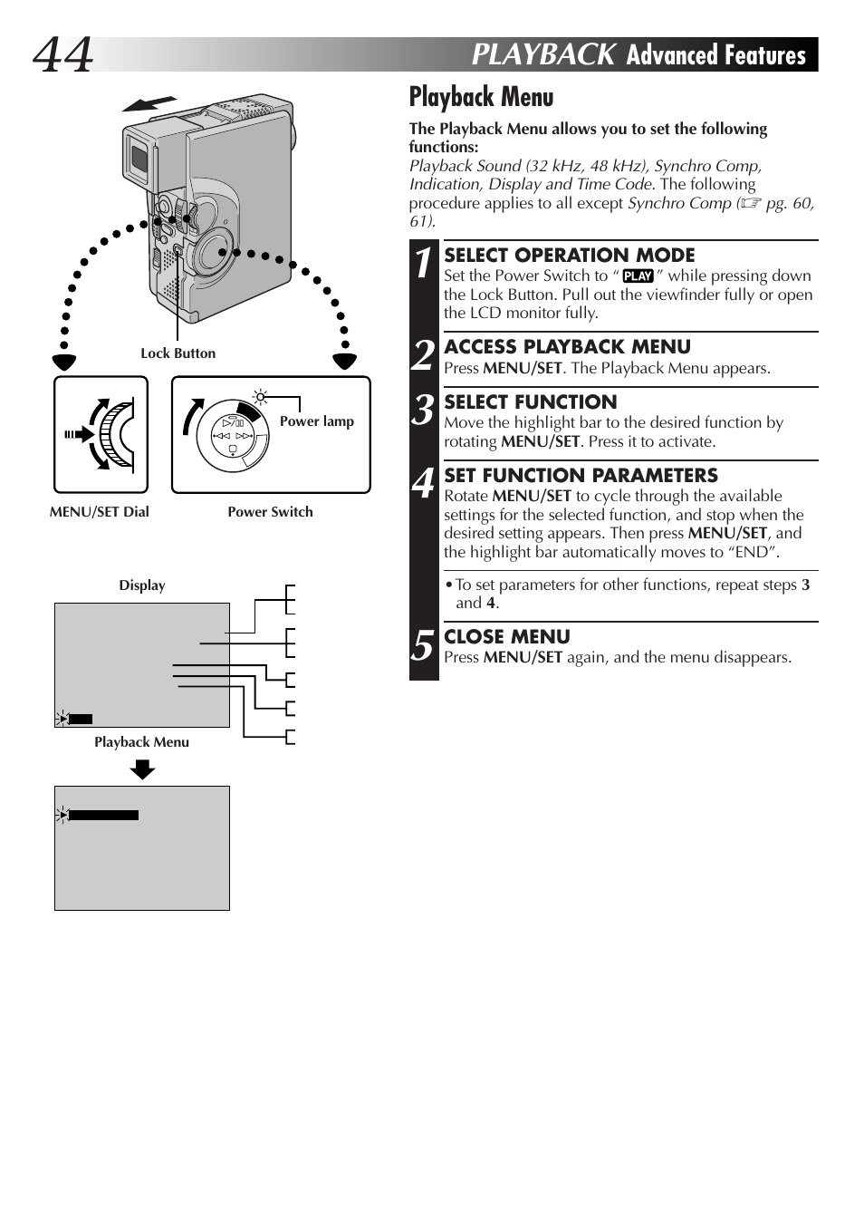 Playback, Playback menu, Advanced features | JVC GR-DVX4 User Manual | Page 44 / 80