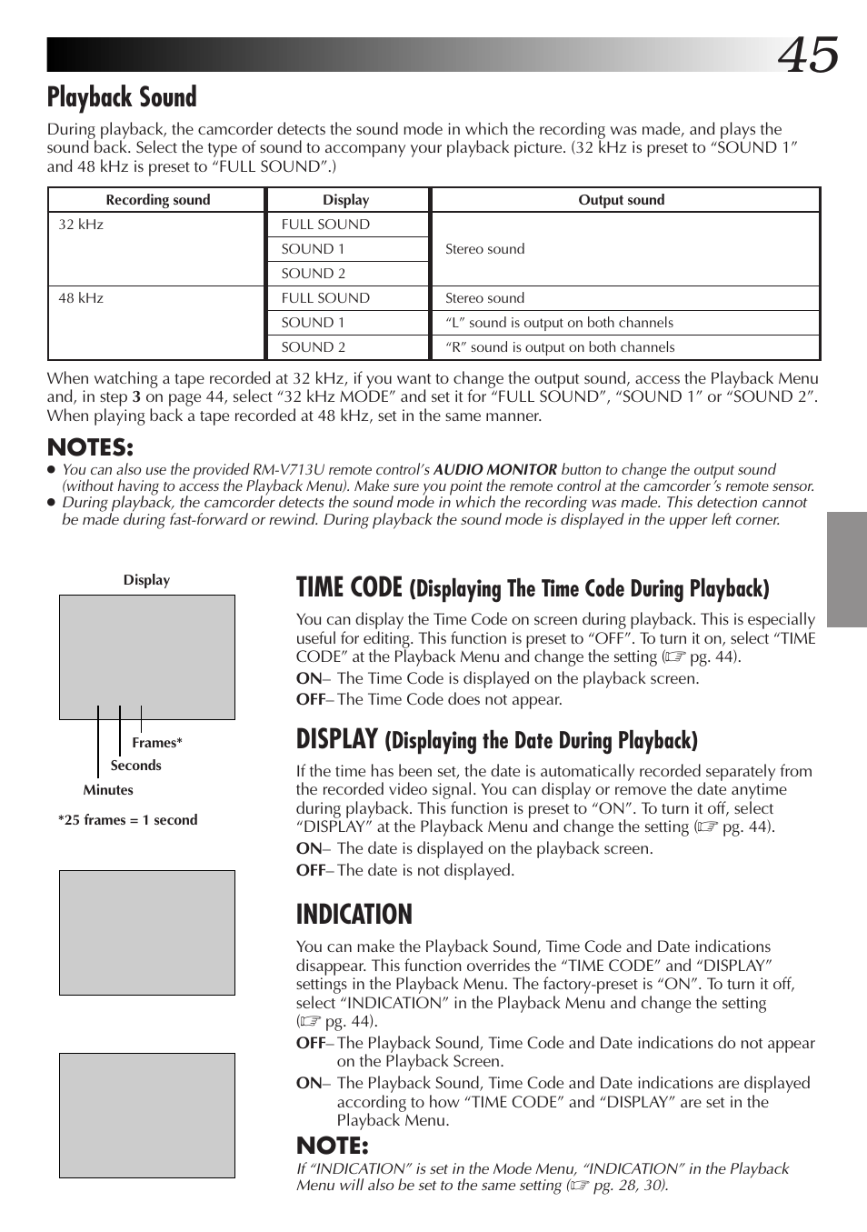 Playback sound, Time code, Display | Indication, Displaying the time code during playback), Displaying the date during playback) | JVC GR-DVX4 User Manual | Page 45 / 80