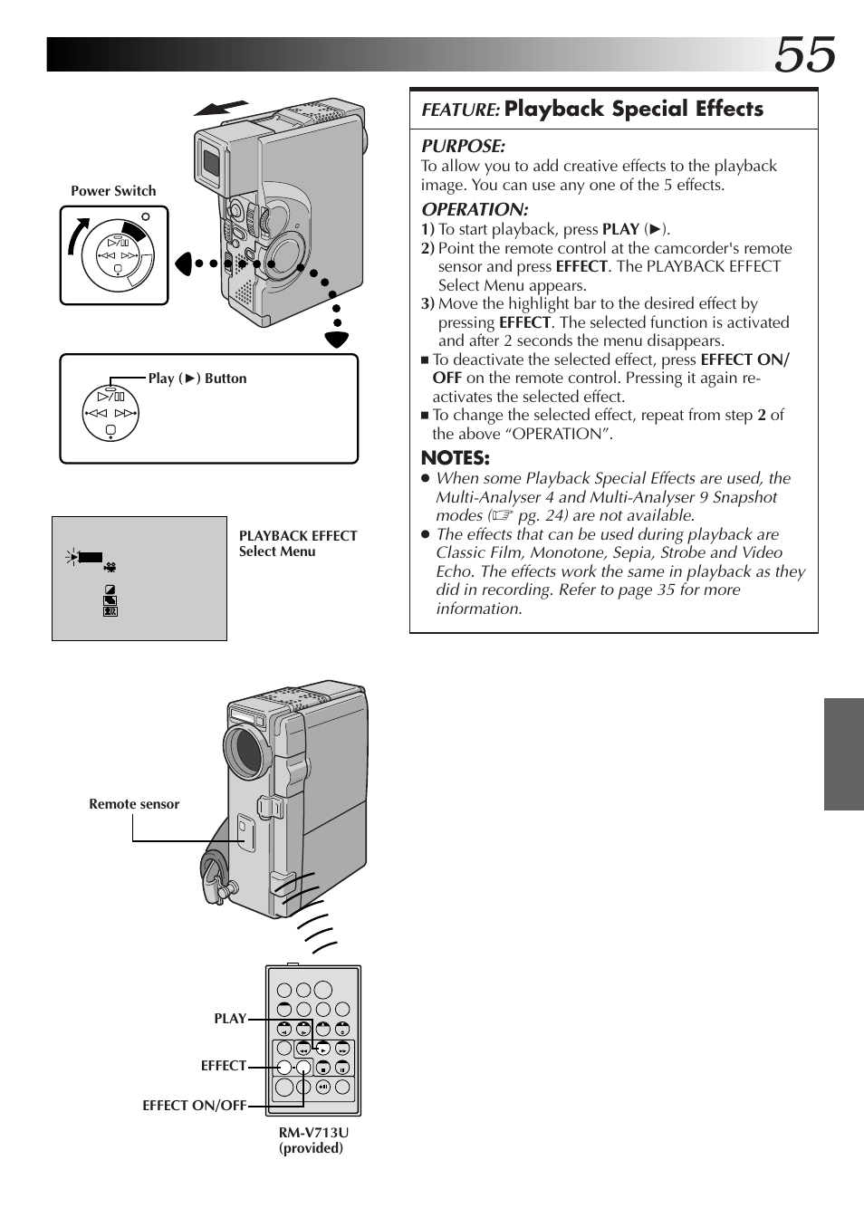 Playback special effects, Feature, Purpose | Operation | JVC GR-DVX4 User Manual | Page 55 / 80