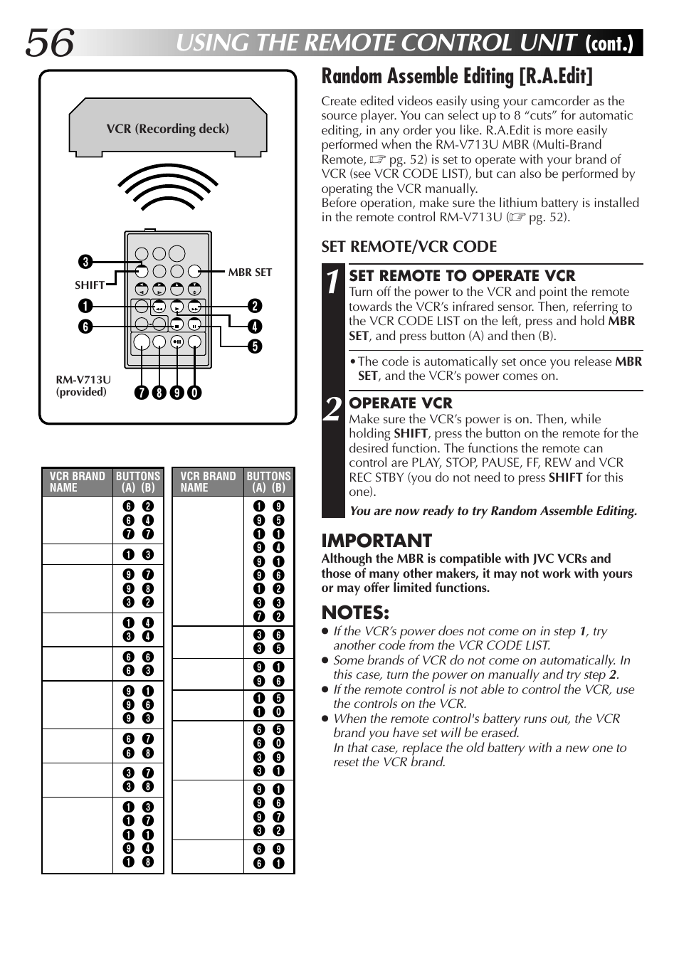 Using the remote control unit, Random assemble editing [r.a.edit, Cont.) | Important | JVC GR-DVX4 User Manual | Page 56 / 80