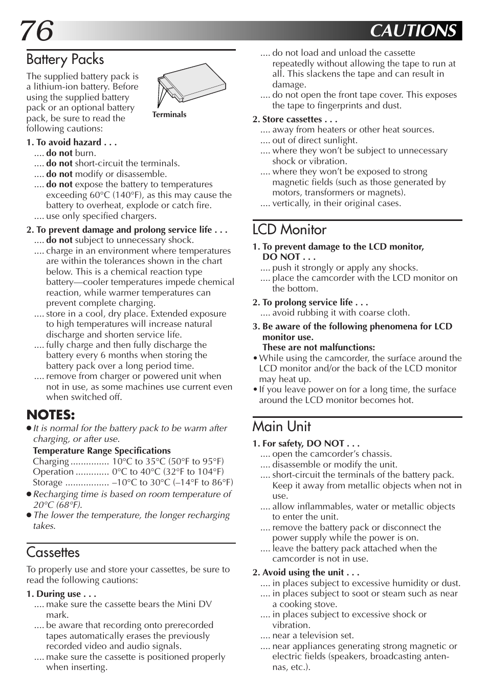 Cautions, Lcd monitor, Main unit | Battery packs, Cassettes | JVC GR-DVX4 User Manual | Page 76 / 80