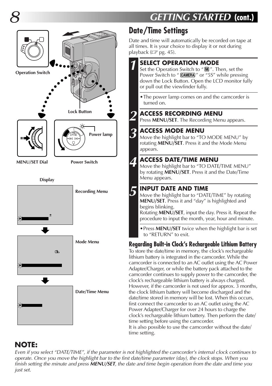 Getting started, Date/time settings, Cont.) | JVC GR-DVX4 User Manual | Page 8 / 80