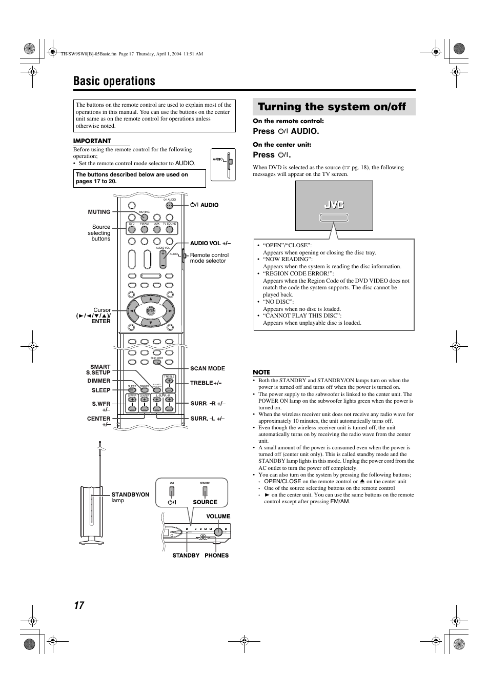 Basic operations, Turning the system on/off, Pg. 17 | Press f audio, Press f, Volume standby phones | JVC TH-SW9 User Manual | Page 22 / 52