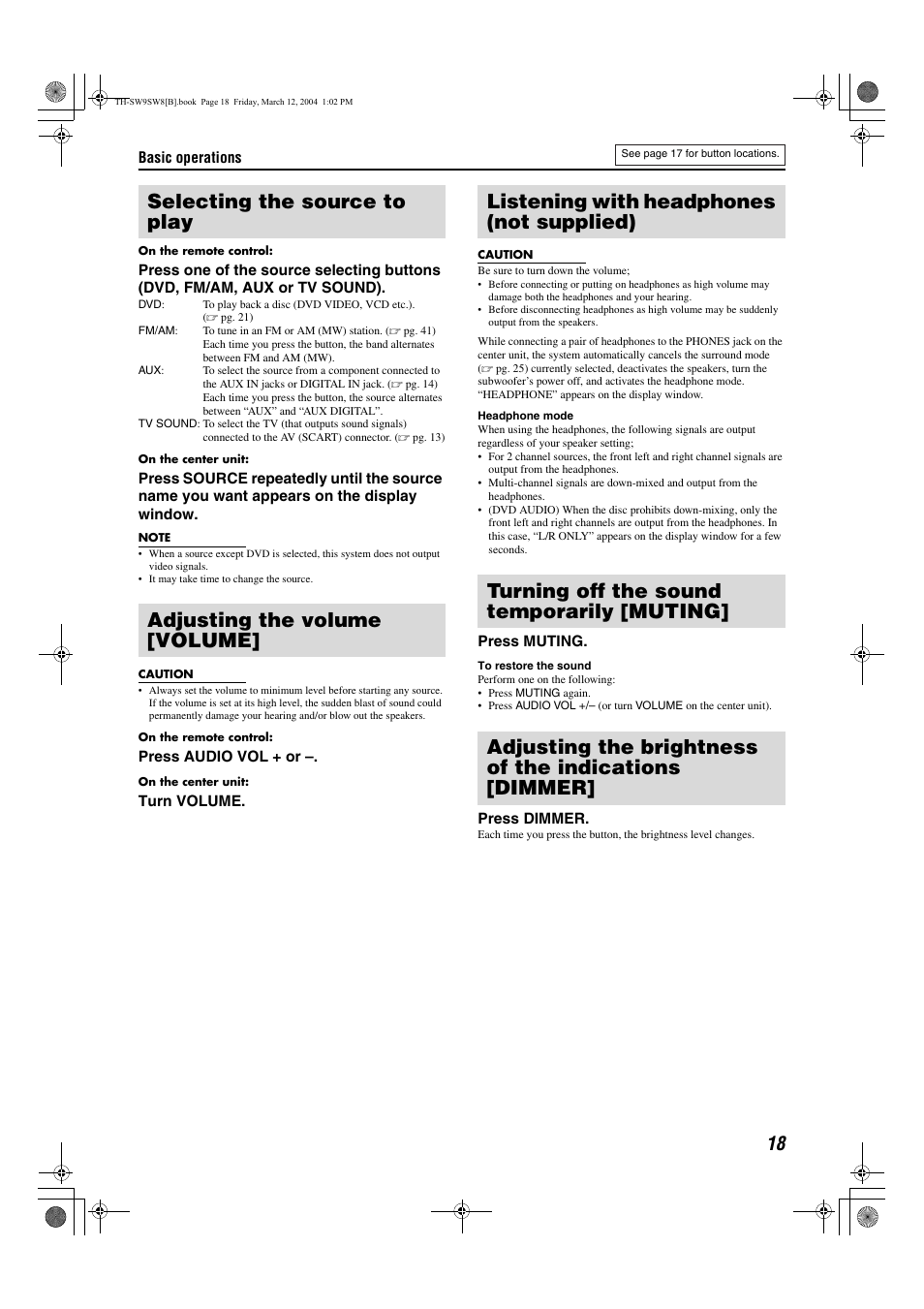 Selecting the source to play, Adjusting the volume [volume, Listening with headphones (not supplied) | Turning off the sound temporarily [muting, Pg. 18, A pg. 18), A pg. 18), the | JVC TH-SW9 User Manual | Page 23 / 52