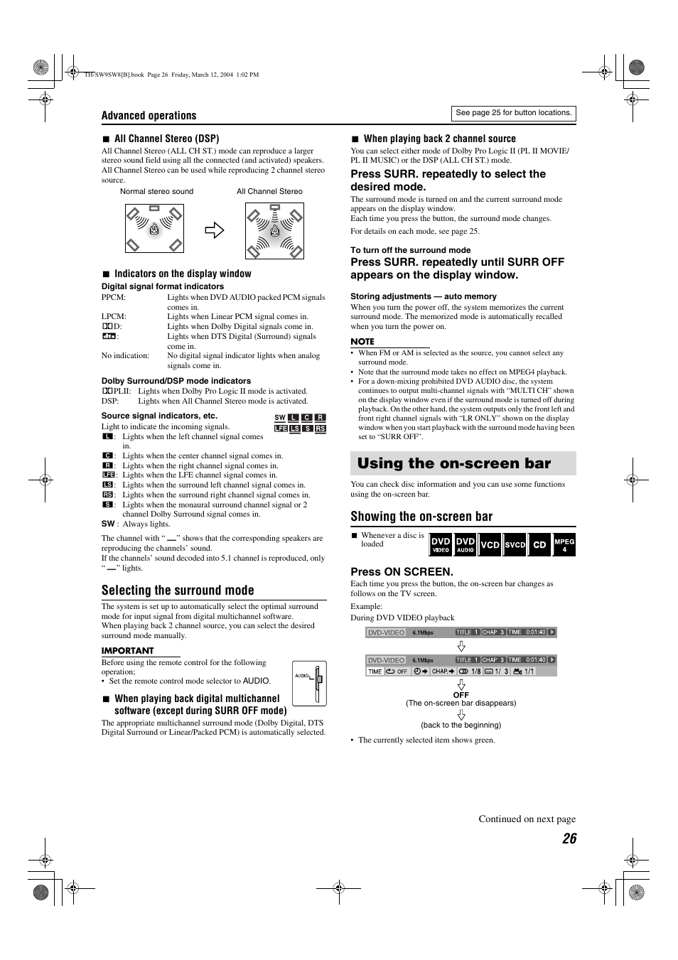 Using the on-screen bar, Pg. 26, Pg. 26, 42 | A pg. 26), Selecting the surround mode, Showing the on-screen bar | JVC TH-SW9 User Manual | Page 31 / 52