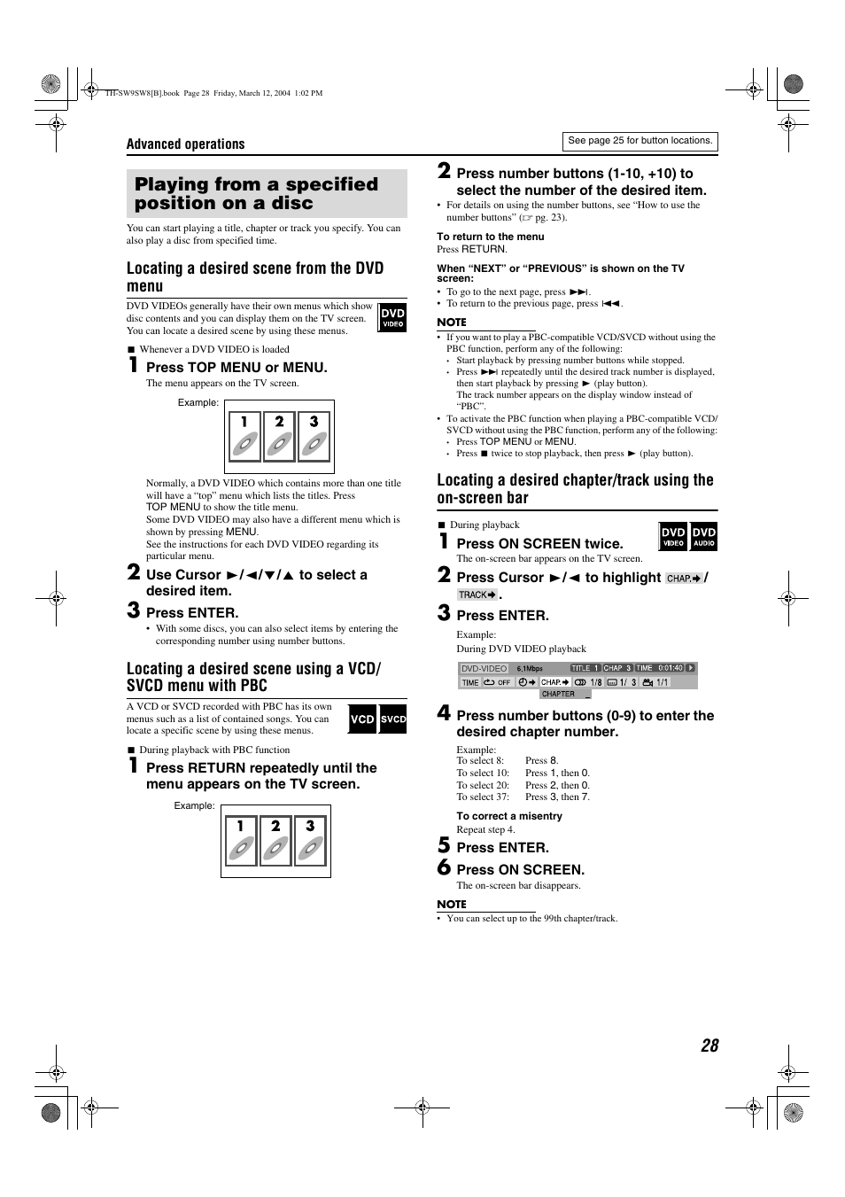 Playing from a specified position on a disc, Pg. 28, Pg. 28, 43 | A pg. 28), Locating a desired scene from the dvd menu | JVC TH-SW9 User Manual | Page 33 / 52
