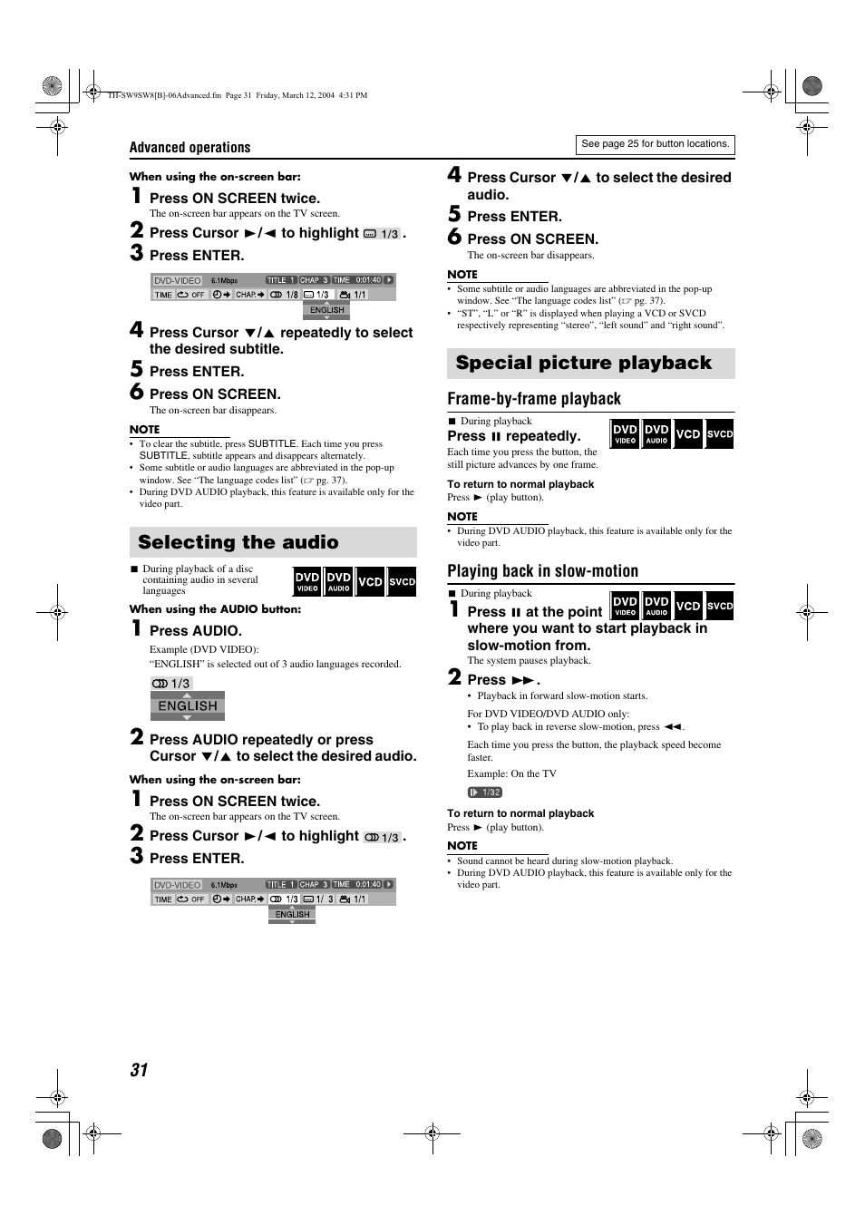 Selecting the audio, Special picture playback, Selecting the audio special picture playback | Pg. 31, A pg. 31) | JVC TH-SW9 User Manual | Page 36 / 52