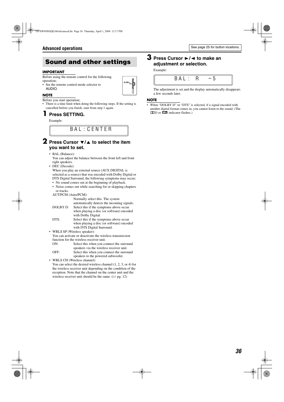 Sound and other settings, Pg. 36 | JVC TH-SW9 User Manual | Page 41 / 52