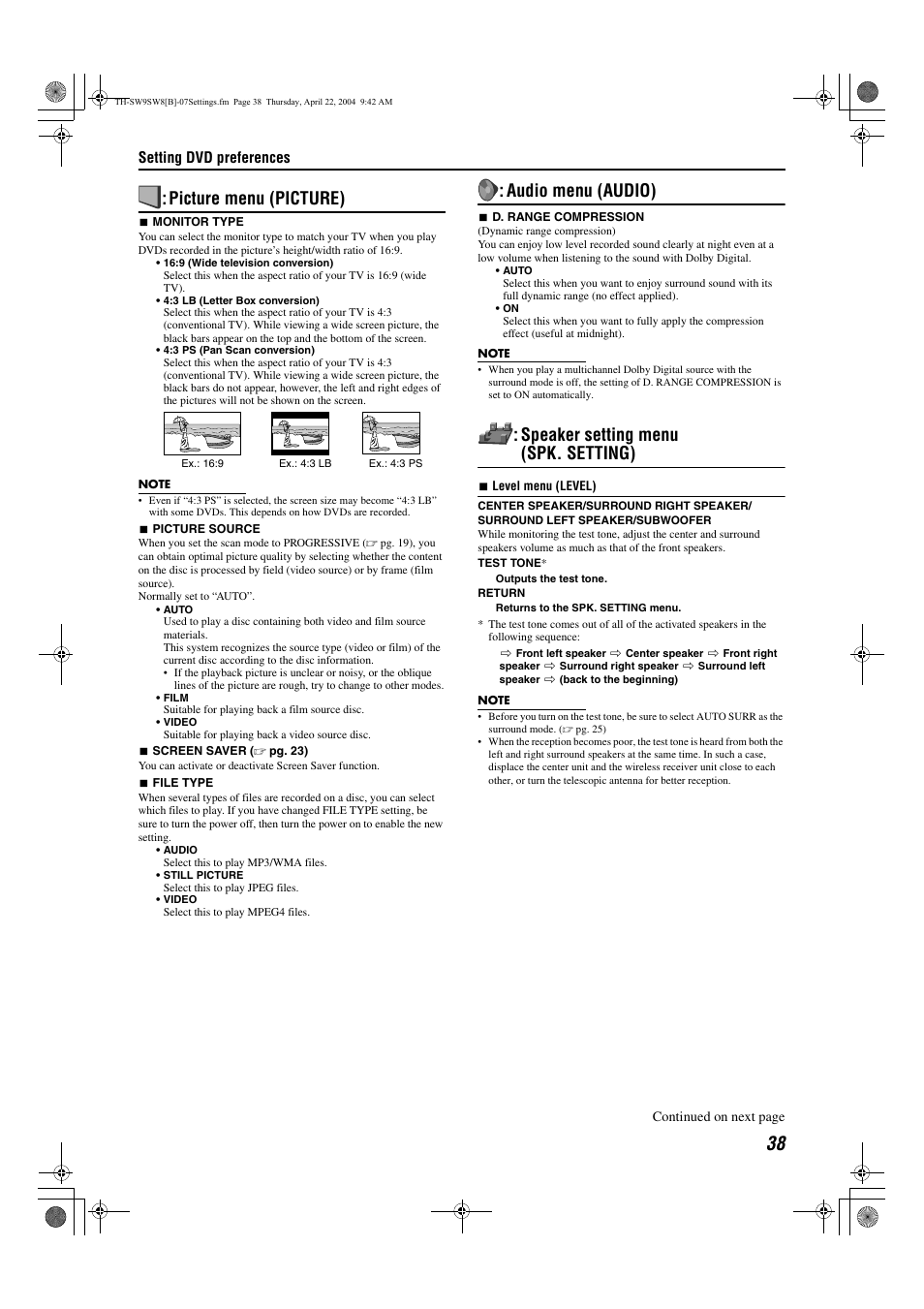 A pg. 38), Udio, Level) manually | Picture menu (picture), Audio menu (audio), Speaker setting menu (spk. setting) | JVC TH-SW9 User Manual | Page 43 / 52