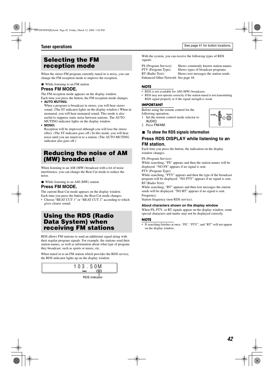 Selecting the fm reception mode, Reducing the noise of am (mw) broadcast, Pg. 42 | See “selecting the fm reception mode, A pg. 42) | JVC TH-SW9 User Manual | Page 47 / 52