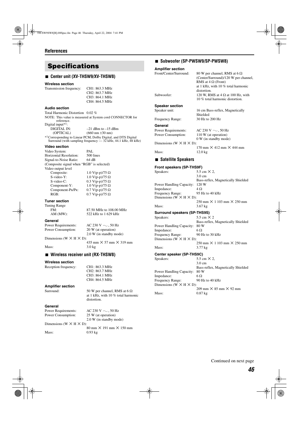 Specifications, References | JVC TH-SW9 User Manual | Page 51 / 52