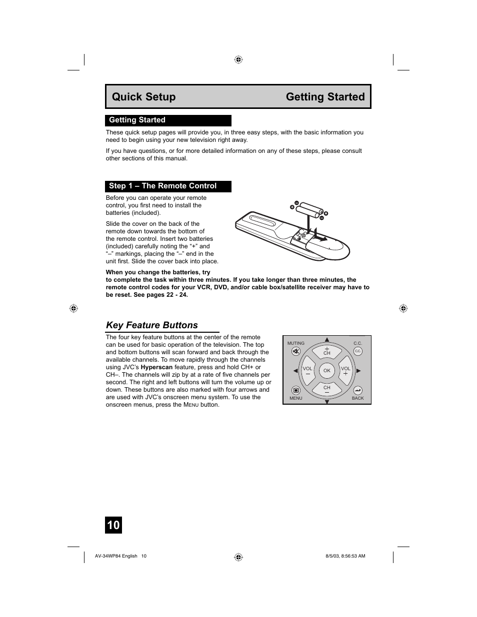 Quick setup getting started, Key feature buttons, Getting started step 1 – the remote control | JVC AV 34WP84 User Manual | Page 10 / 64