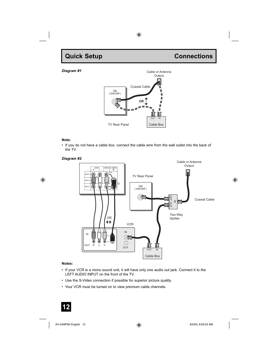 Quick setup connections | JVC AV 34WP84 User Manual | Page 12 / 64