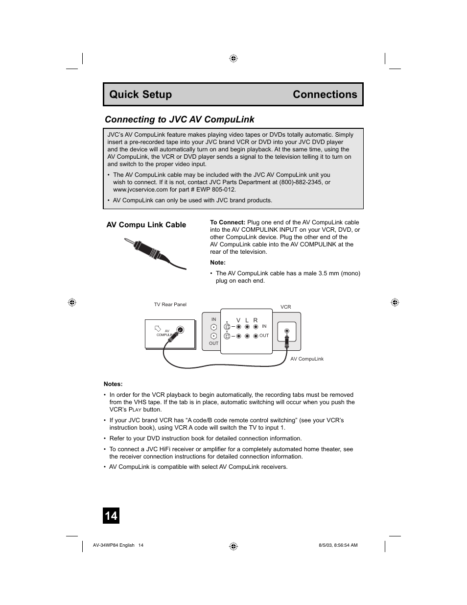 Quick setup connections, Connecting to jvc av compulink | JVC AV 34WP84 User Manual | Page 14 / 64